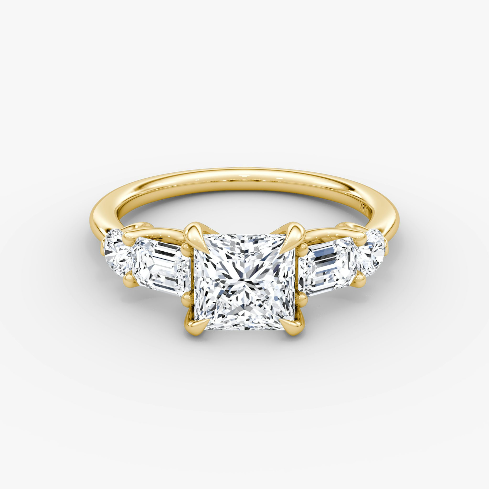 The Mixed Shape | Princess | 18k | Yellow Gold | bandAccent: Plain | sideStoneOrientation: horizontal | sideStoneShape: Emerald and Round Brilliant | diamondOrientation: vertical | caratWeight: other