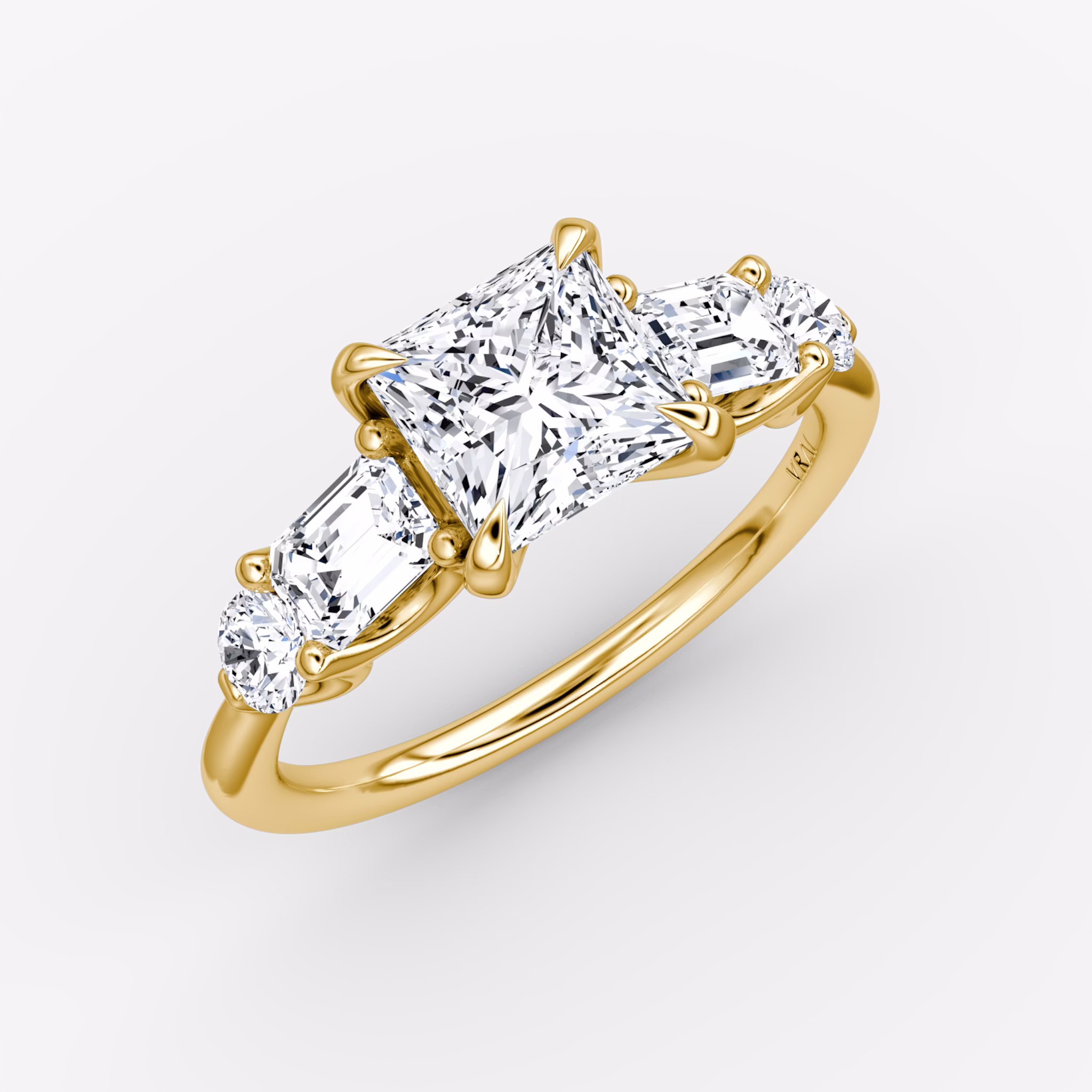 The Mixed Shape | Princess | 18k | Yellow Gold | bandAccent: Plain | sideStoneOrientation: horizontal | sideStoneShape: Emerald and Round Brilliant | diamondOrientation: vertical | caratWeight: other