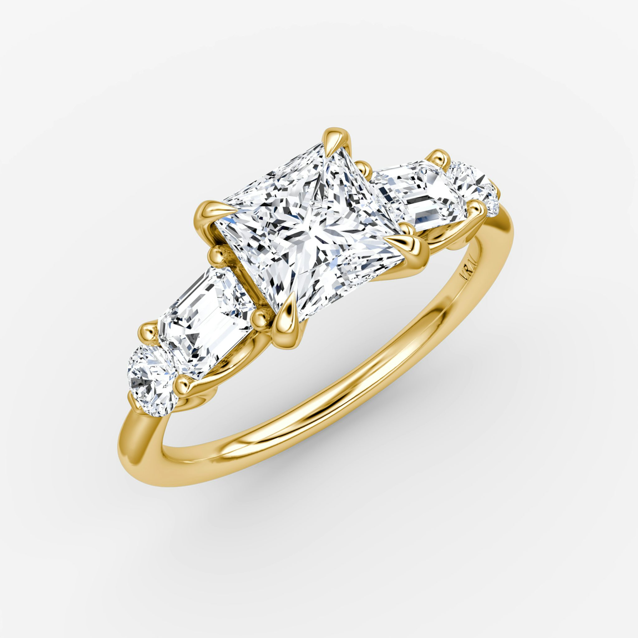 The Mixed Shape | Princess | 18k | Yellow Gold | bandAccent: Plain | sideStoneOrientation: horizontal | sideStoneShape: Emerald and Round Brilliant | diamondOrientation: vertical | caratWeight: other