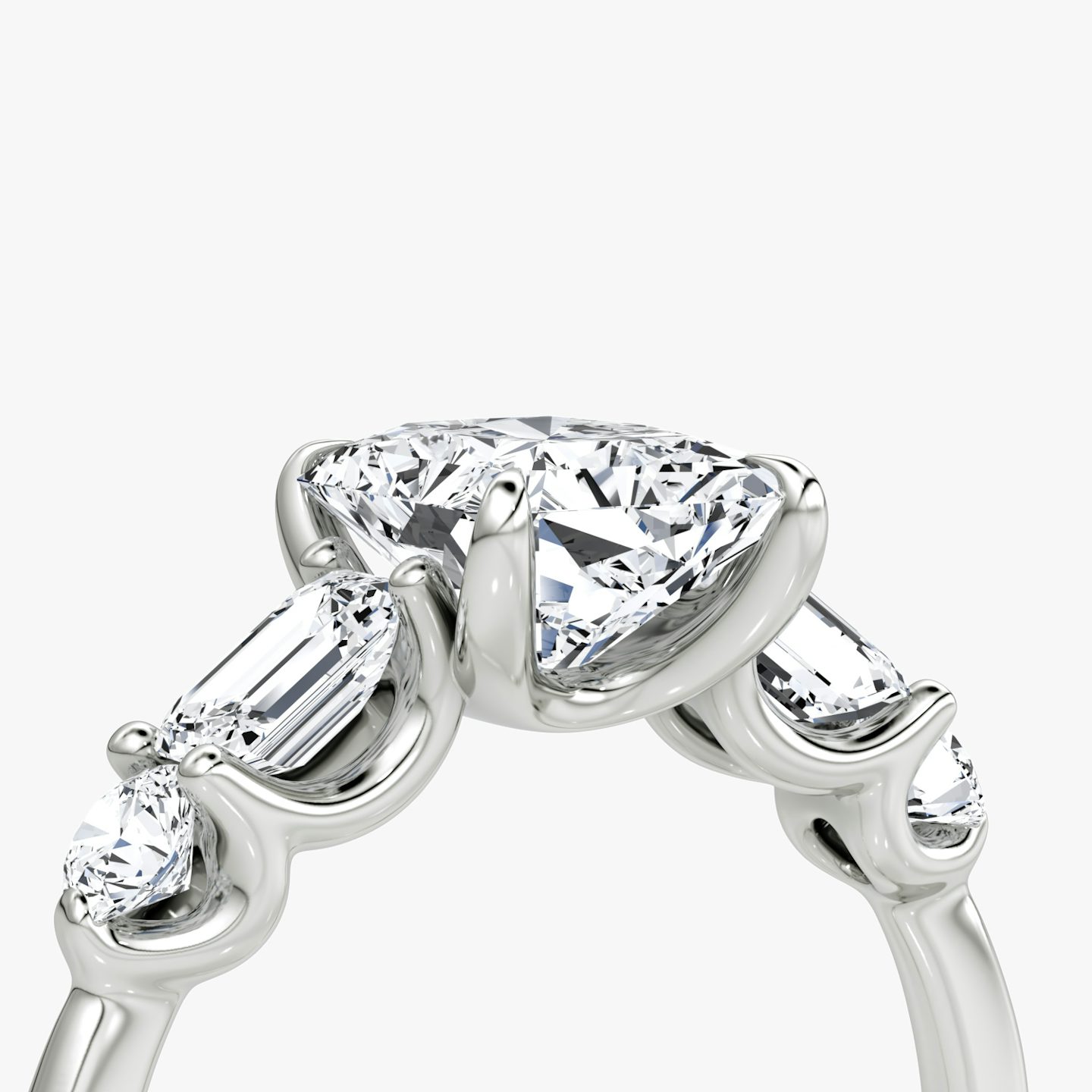 The Mixed Shape | Radiant | Platinum | bandAccent: Plain | sideStoneOrientation: horizontal | sideStoneShape: Emerald and Round Brilliant | diamondOrientation: vertical | caratWeight: other
