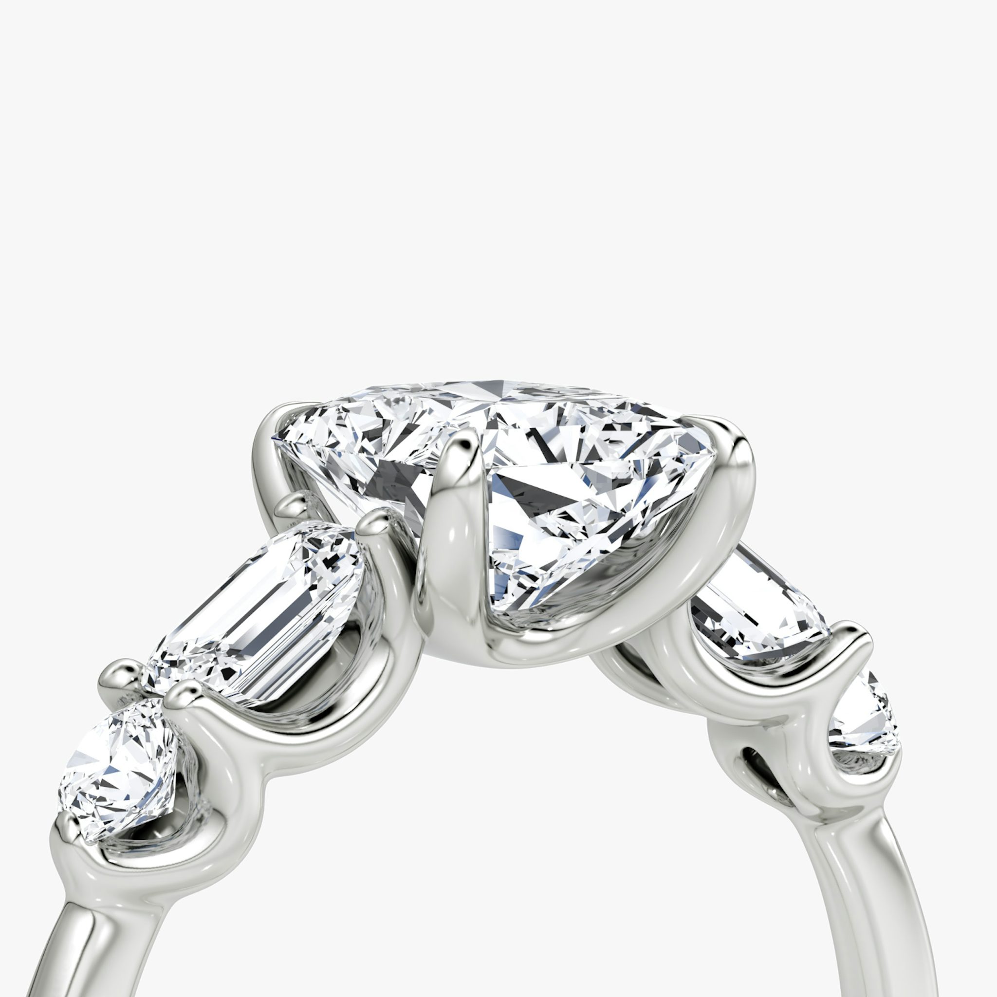 The Mixed Shape | Radiant | 18k | White Gold | bandAccent: Plain | sideStoneOrientation: horizontal | sideStoneShape: Emerald and Round Brilliant | diamondOrientation: vertical | caratWeight: other