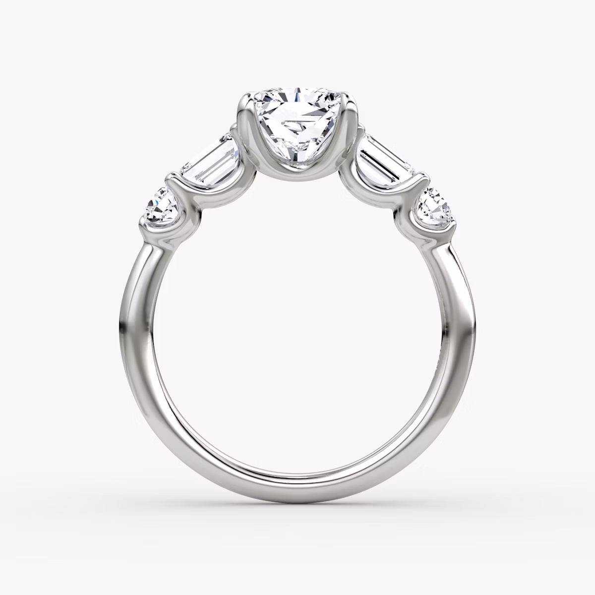 The Mixed Shape | Radiant | Platinum | bandAccent: Plain | sideStoneOrientation: horizontal | sideStoneShape: Emerald and Round Brilliant | diamondOrientation: vertical | caratWeight: other