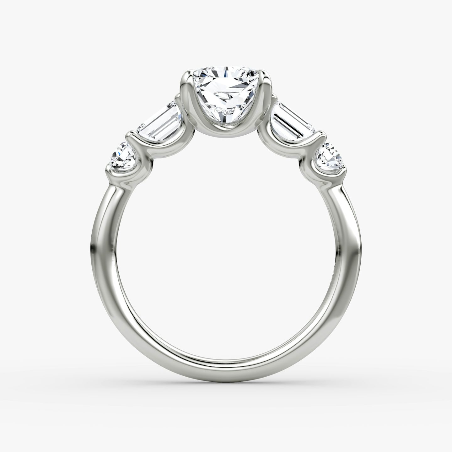 The Mixed Shape | Radiant | Platinum | bandAccent: Plain | sideStoneOrientation: horizontal | sideStoneShape: Emerald and Round Brilliant | diamondOrientation: vertical | caratWeight: other