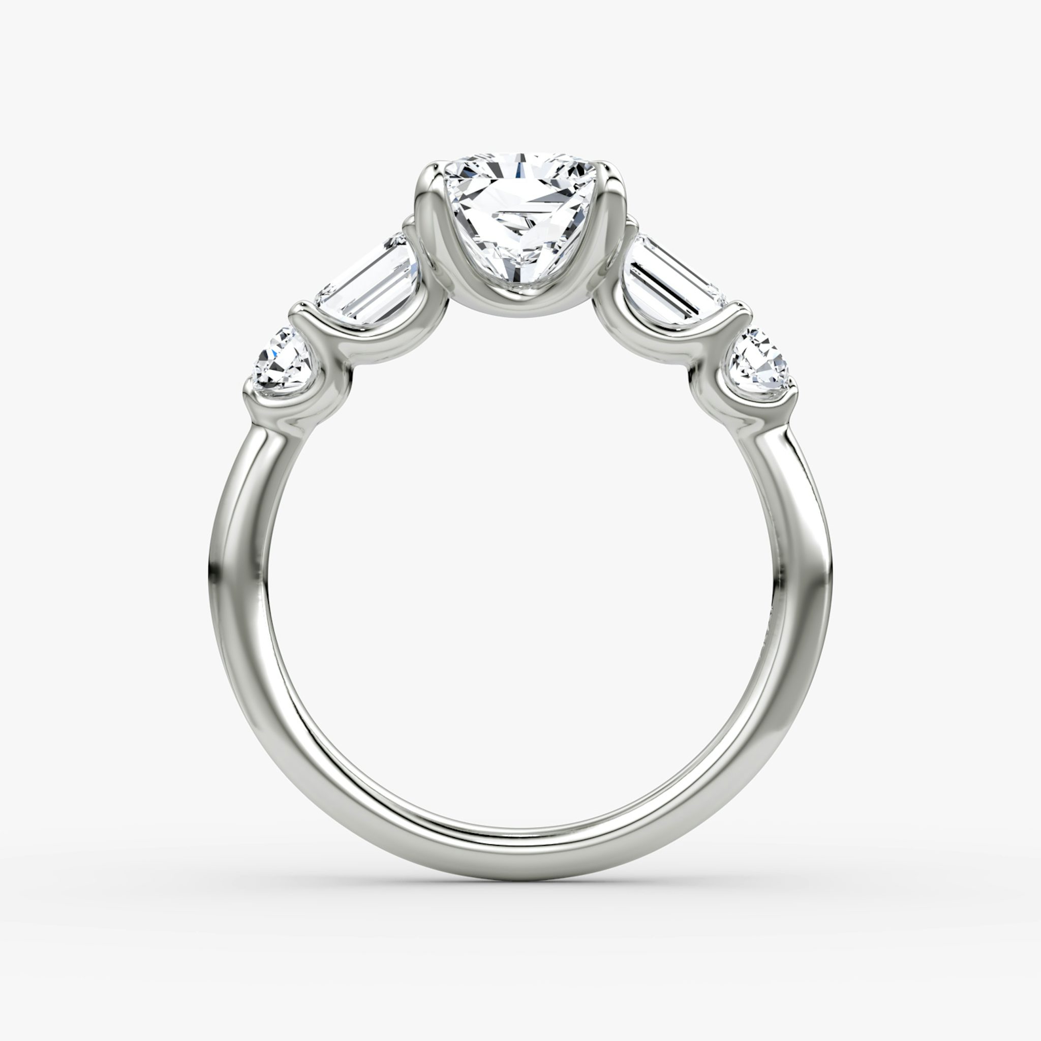 The Mixed Shape | Radiant | 18k | White Gold | bandAccent: Plain | sideStoneOrientation: horizontal | sideStoneShape: Emerald and Round Brilliant | diamondOrientation: vertical | caratWeight: other