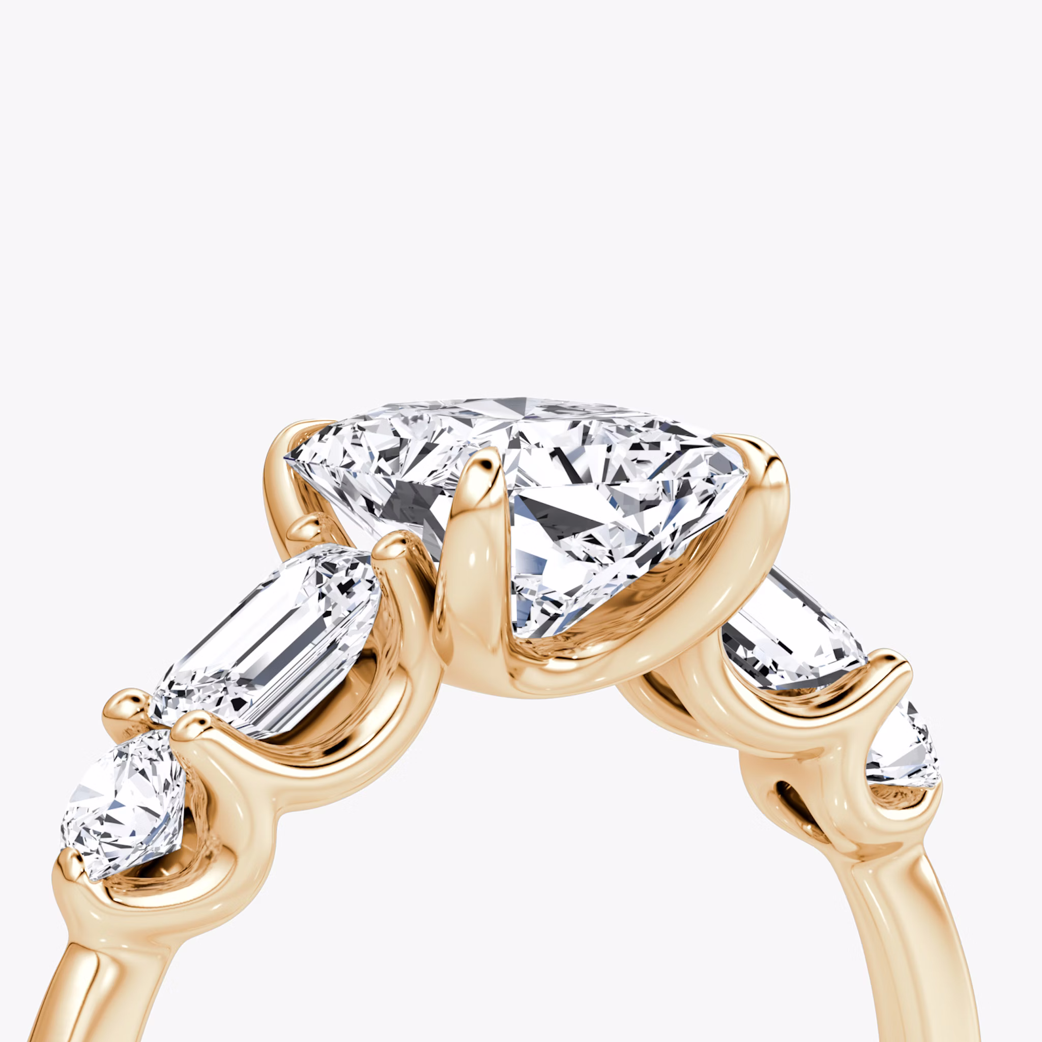 The Mixed Shape | Radiant | 14k | Rose Gold | bandAccent: Plain | sideStoneOrientation: horizontal | sideStoneShape: Emerald and Round Brilliant | diamondOrientation: vertical | caratWeight: other