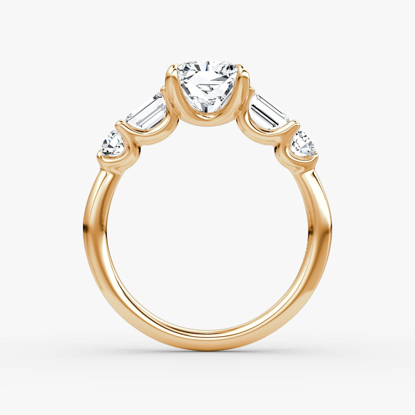 The Mixed Shape | Radiant | 14k | Rose Gold | bandAccent: Plain | sideStoneOrientation: horizontal | sideStoneShape: Emerald and Round Brilliant | diamondOrientation: vertical | caratWeight: other