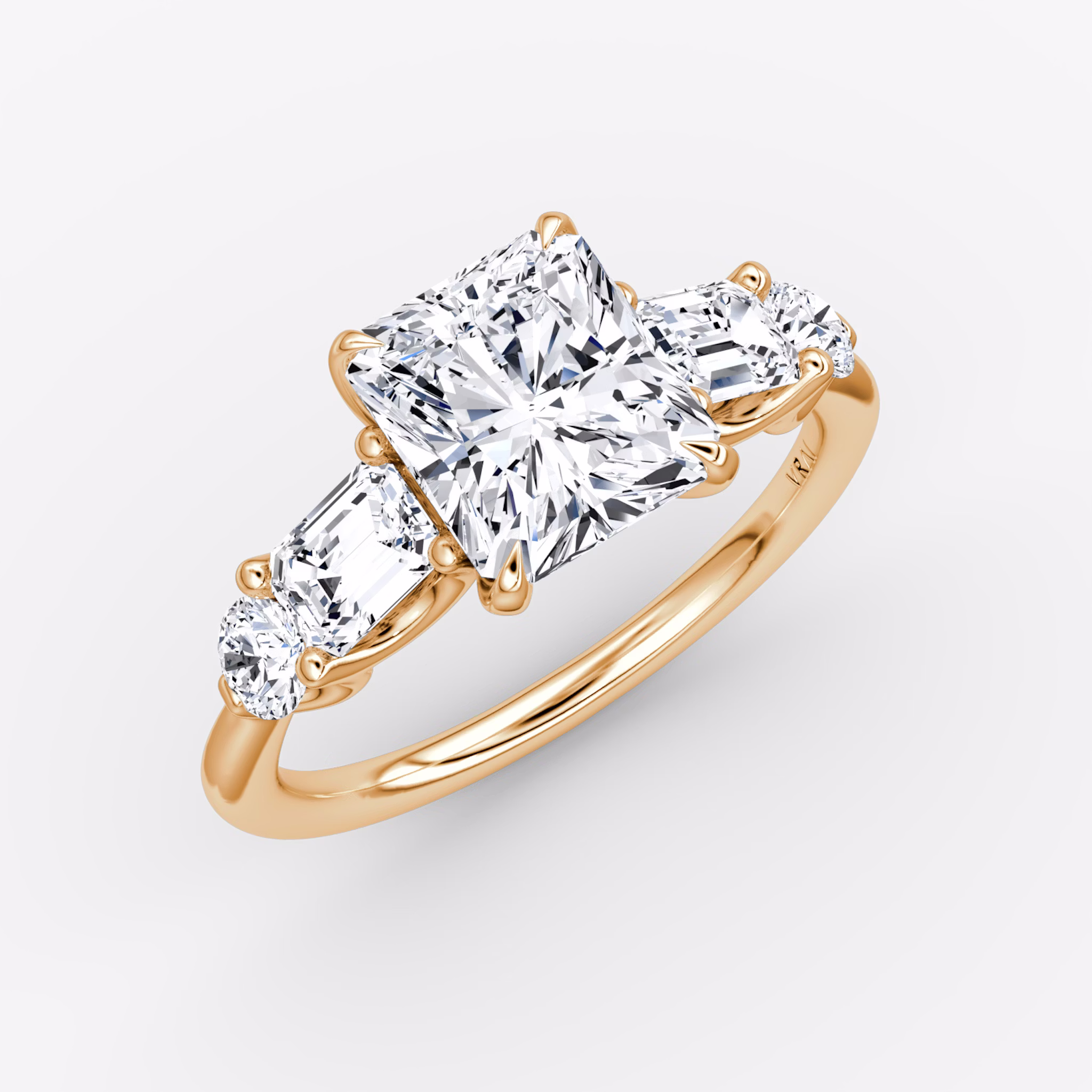 The Mixed Shape | Radiant | 14k | Rose Gold | bandAccent: Plain | sideStoneOrientation: horizontal | sideStoneShape: Emerald and Round Brilliant | diamondOrientation: vertical | caratWeight: other