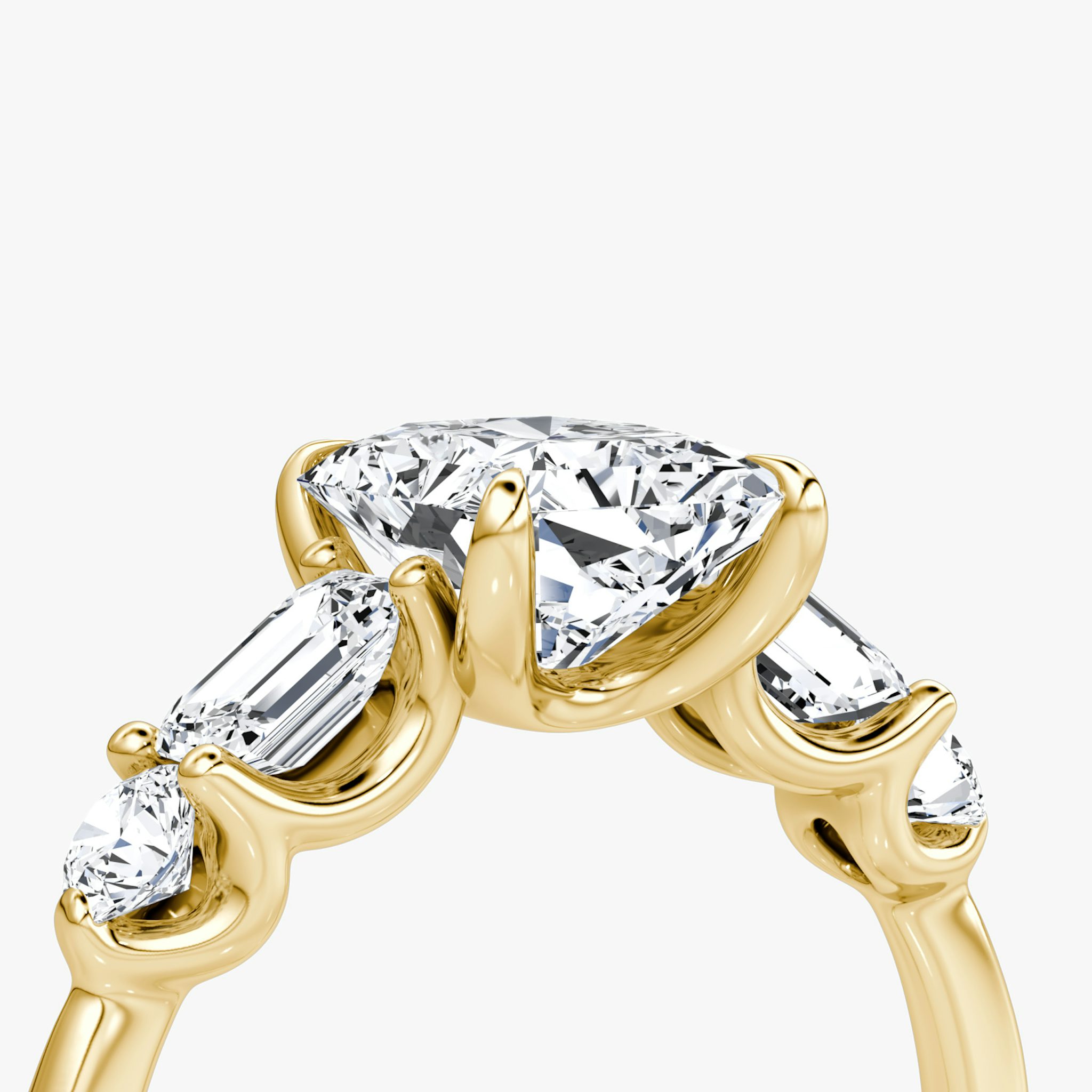 The Mixed Shape | Radiant | 18k | Yellow Gold | bandAccent: Plain | sideStoneOrientation: horizontal | sideStoneShape: Emerald and Round Brilliant | diamondOrientation: vertical | caratWeight: other