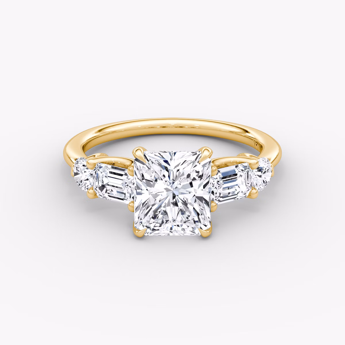 The Mixed Shape | Radiant | 18k | Yellow Gold | bandAccent: Plain | sideStoneOrientation: horizontal | sideStoneShape: Emerald and Round Brilliant | diamondOrientation: vertical | caratWeight: other