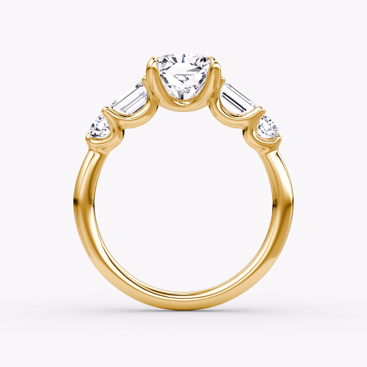 The Mixed Shape | Radiant | 18k | Yellow Gold | bandAccent: Plain | sideStoneOrientation: horizontal | sideStoneShape: Emerald and Round Brilliant | diamondOrientation: vertical | caratWeight: other