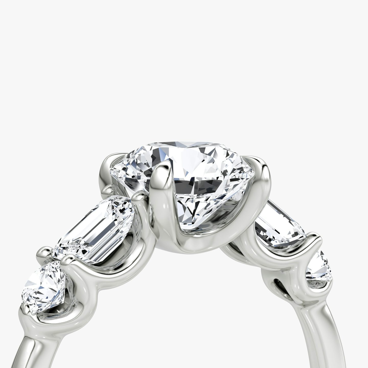 The Mixed Shape | Round Brilliant | Platinum | bandAccent: Plain | caratWeight: other | sideStoneOrientation: horizontal | sideStoneShape: Emerald and Round Brilliant | diamondOrientation: vertical