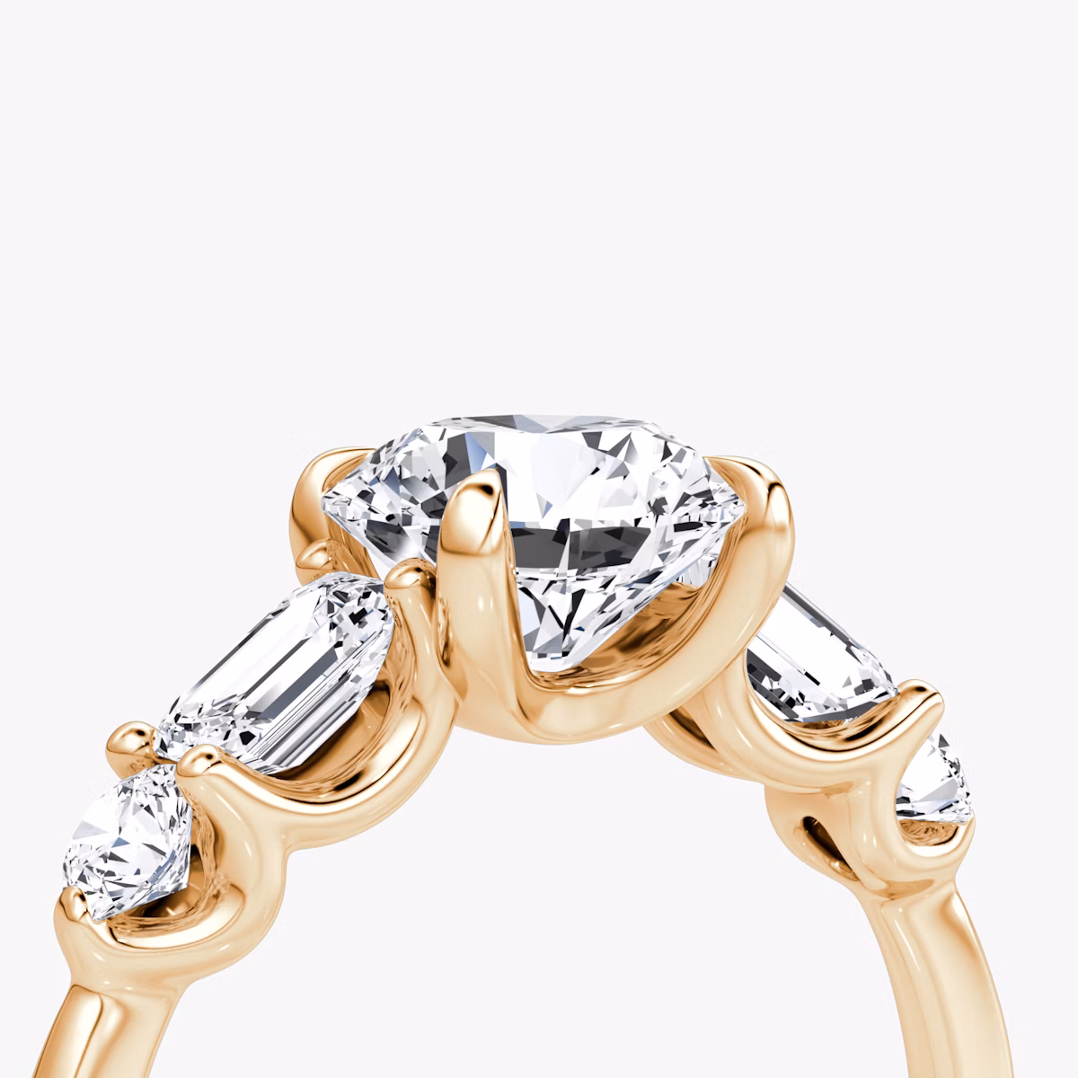 The Mixed Shape | Round Brilliant | 14k | Rose Gold | bandAccent: Plain | caratWeight: 1.5ct | sideStoneOrientation: horizontal | sideStoneShape: Emerald and Round Brilliant | diamondOrientation: vertical