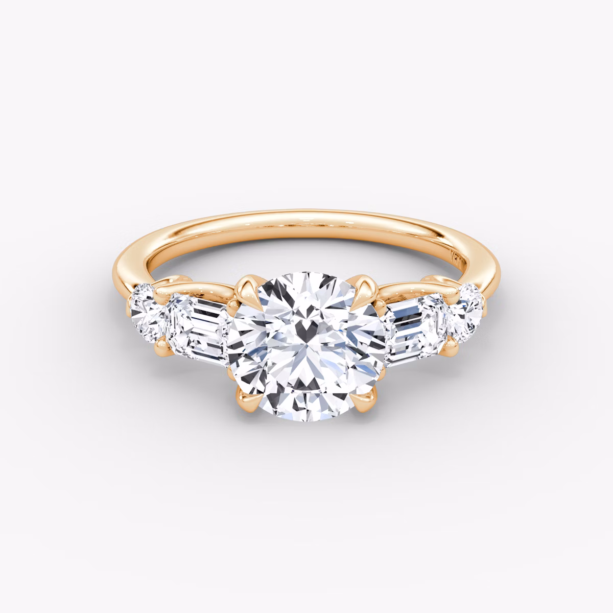 The Mixed Shape | Round Brilliant | 14k | Rose Gold | bandAccent: Plain | caratWeight: 1.5ct | sideStoneOrientation: horizontal | sideStoneShape: Emerald and Round Brilliant | diamondOrientation: vertical