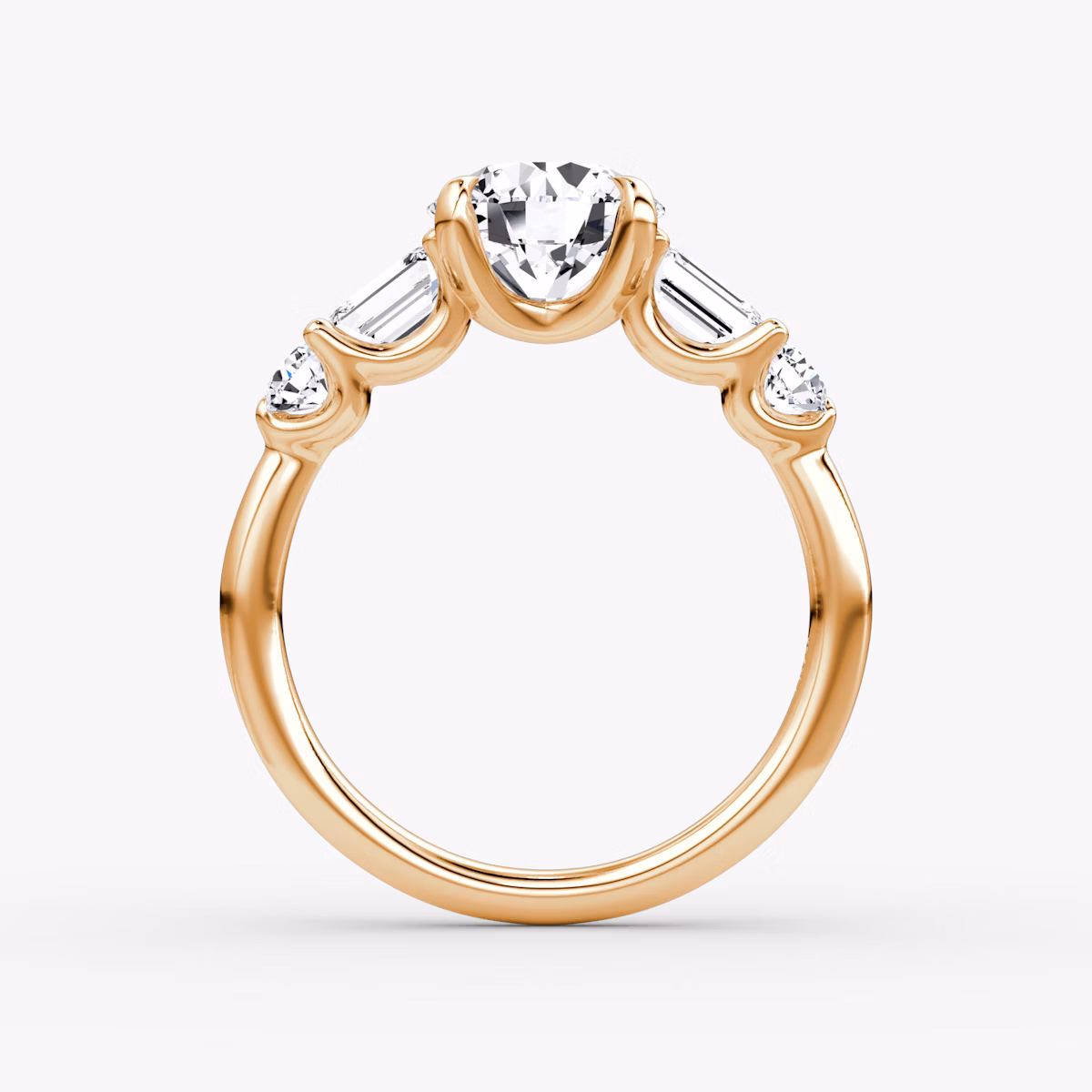 The Mixed Shape | Round Brilliant | 14k | Rose Gold | bandAccent: Plain | caratWeight: 1.5ct | sideStoneOrientation: horizontal | sideStoneShape: Emerald and Round Brilliant | diamondOrientation: vertical