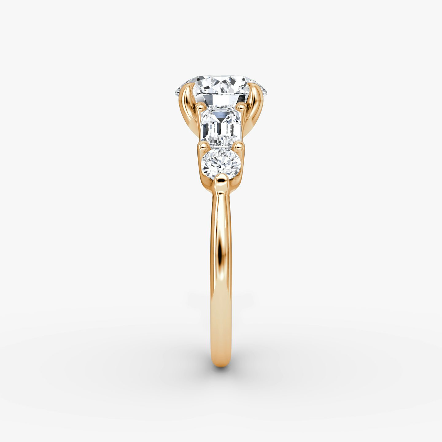 The Mixed Shape | Round Brilliant | 14k | Rose Gold | bandAccent: Plain | caratWeight: other | sideStoneOrientation: horizontal | sideStoneShape: Emerald and Round Brilliant | diamondOrientation: vertical