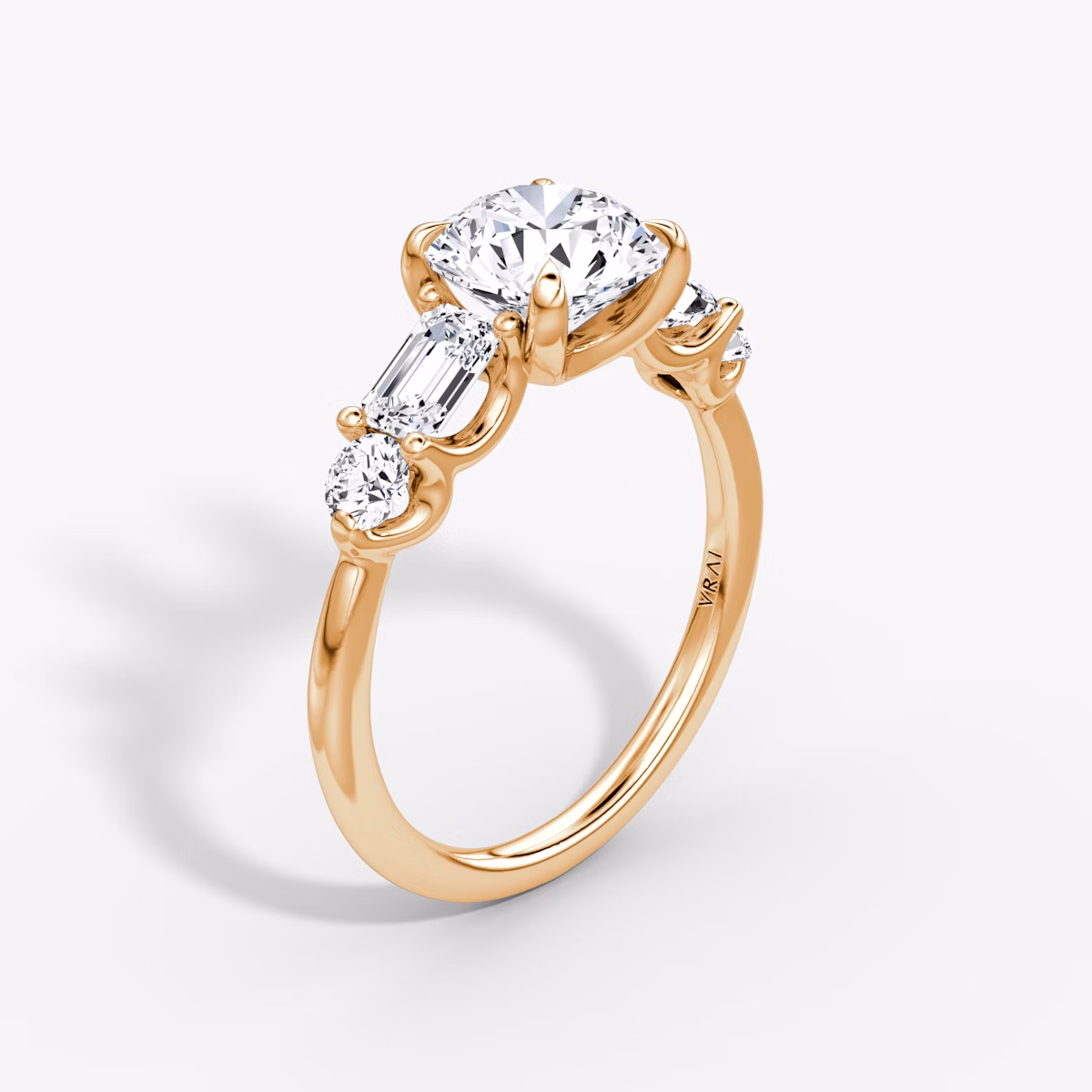 The Mixed Shape | Round Brilliant | 14k | Rose Gold | bandAccent: Plain | caratWeight: 1.5ct | sideStoneOrientation: horizontal | sideStoneShape: Emerald and Round Brilliant | diamondOrientation: vertical