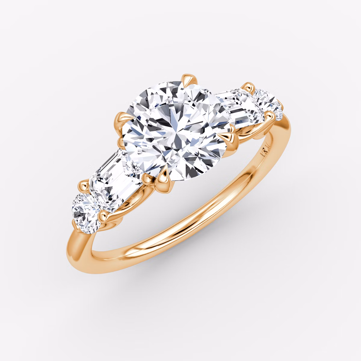The Mixed Shape | Round Brilliant | 14k | Rose Gold | bandAccent: Plain | caratWeight: 1.5ct | sideStoneOrientation: horizontal | sideStoneShape: Emerald and Round Brilliant | diamondOrientation: vertical