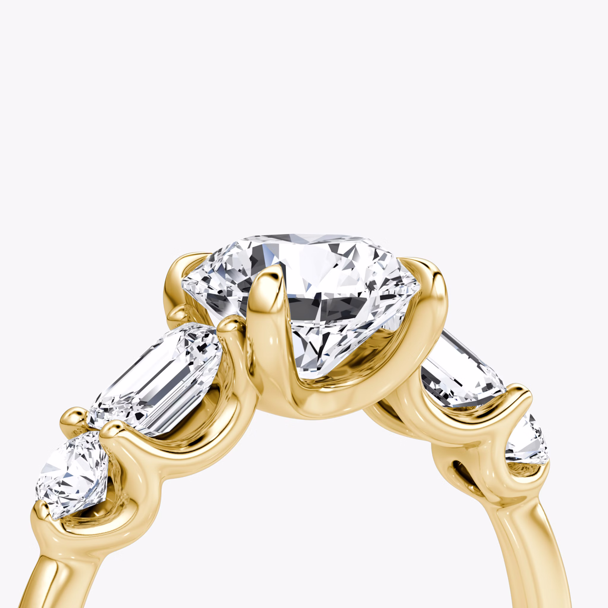 The Mixed Shape | Round Brilliant | 18k | Yellow Gold | bandAccent: Plain | caratWeight: other | sideStoneOrientation: horizontal | sideStoneShape: Emerald and Round Brilliant | diamondOrientation: vertical