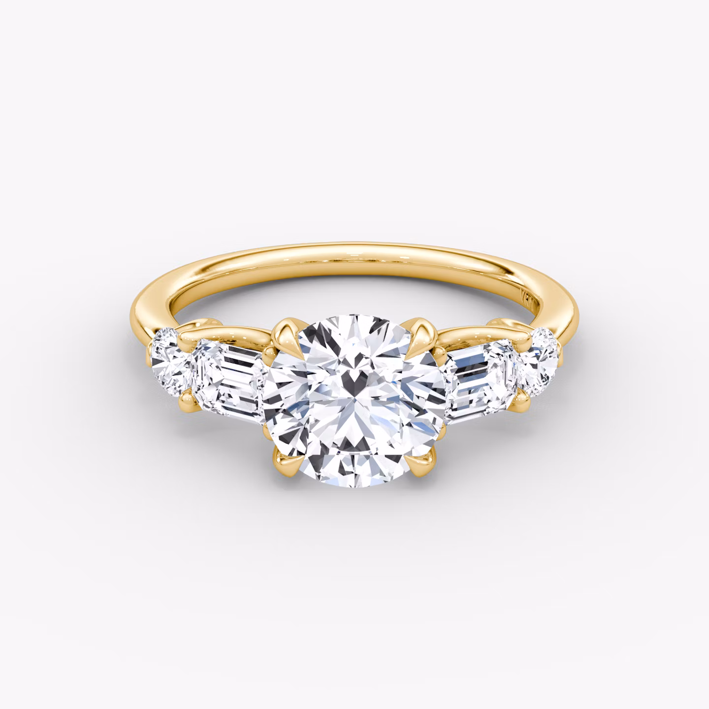 The Mixed Shape | Round Brilliant | 18k | Yellow Gold | bandAccent: Plain | caratWeight: 1.0ct | sideStoneOrientation: horizontal | sideStoneShape: Emerald and Round Brilliant | diamondOrientation: vertical