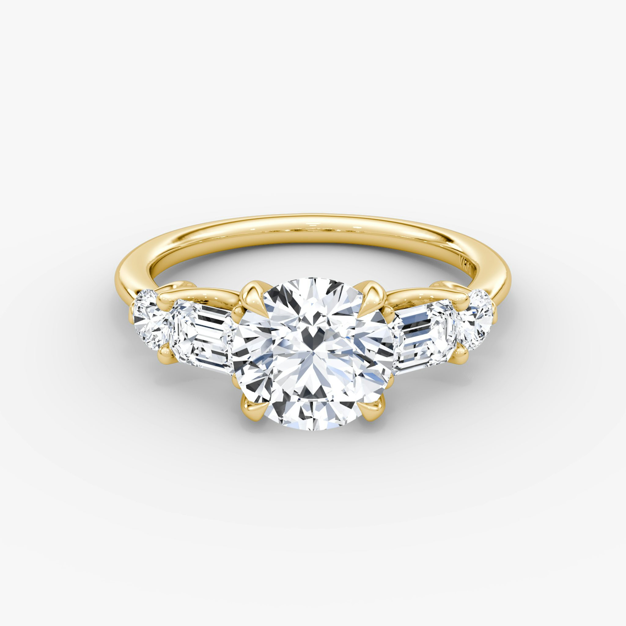 The Mixed Shape | Round Brilliant | 18k | Yellow Gold | bandAccent: Plain | caratWeight: other | sideStoneOrientation: horizontal | sideStoneShape: Emerald and Round Brilliant | diamondOrientation: vertical