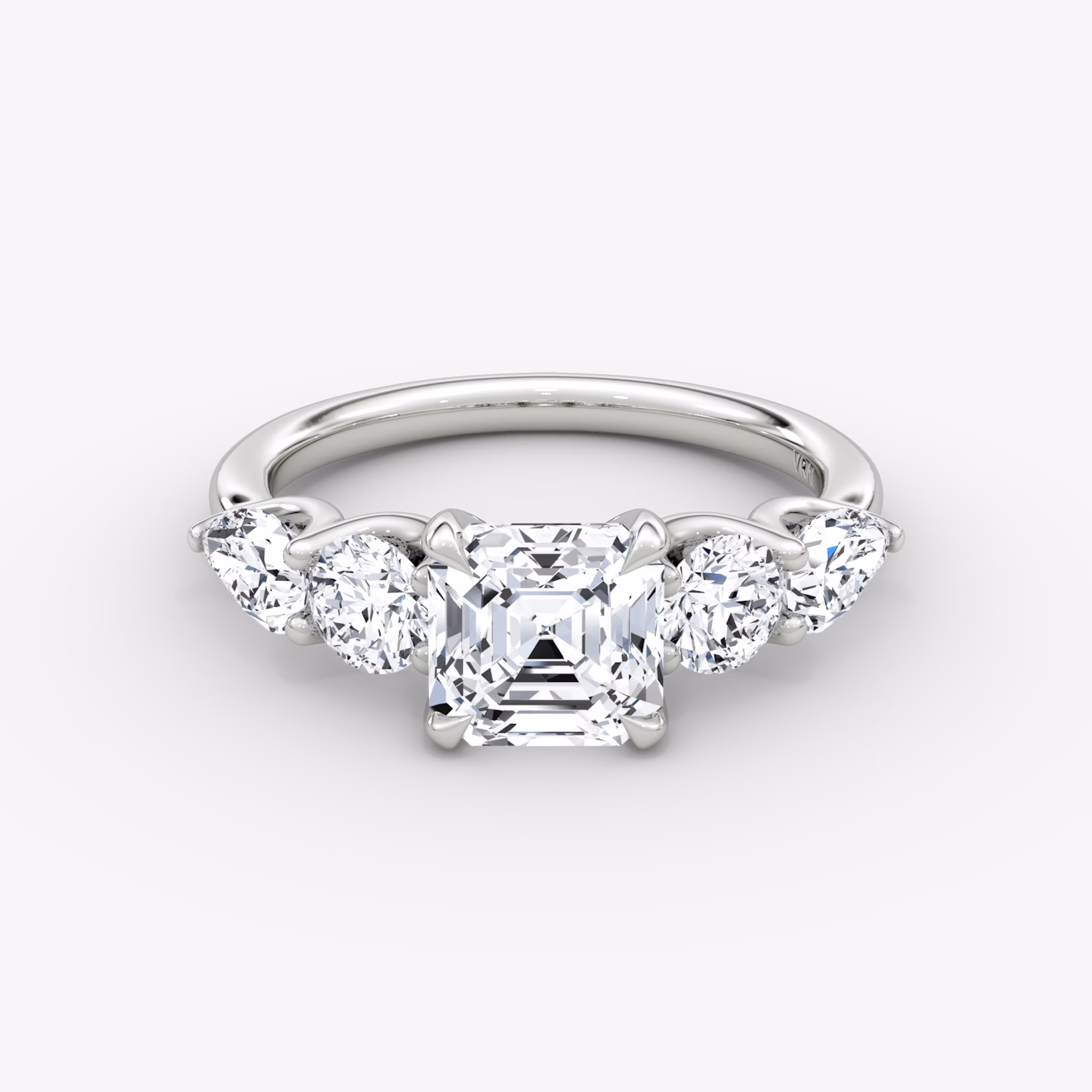 The Mixed Shape | Asscher | 18k | White Gold | bandAccent: Plain | sideStoneOrientation: horizontal | sideStoneShape: Round Brilliant and Pear | diamondOrientation: vertical | caratWeight: other