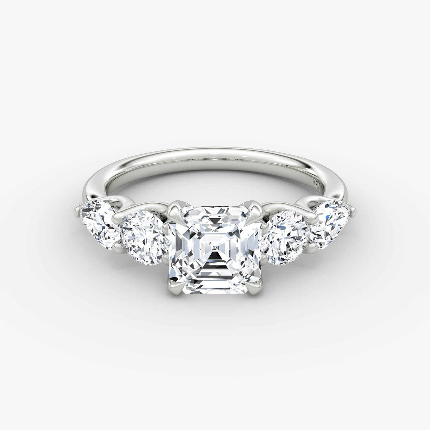 The Mixed Shape | Asscher | Platinum | bandAccent: Plain | sideStoneOrientation: horizontal | sideStoneShape: Round Brilliant and Pear | diamondOrientation: vertical | caratWeight: other