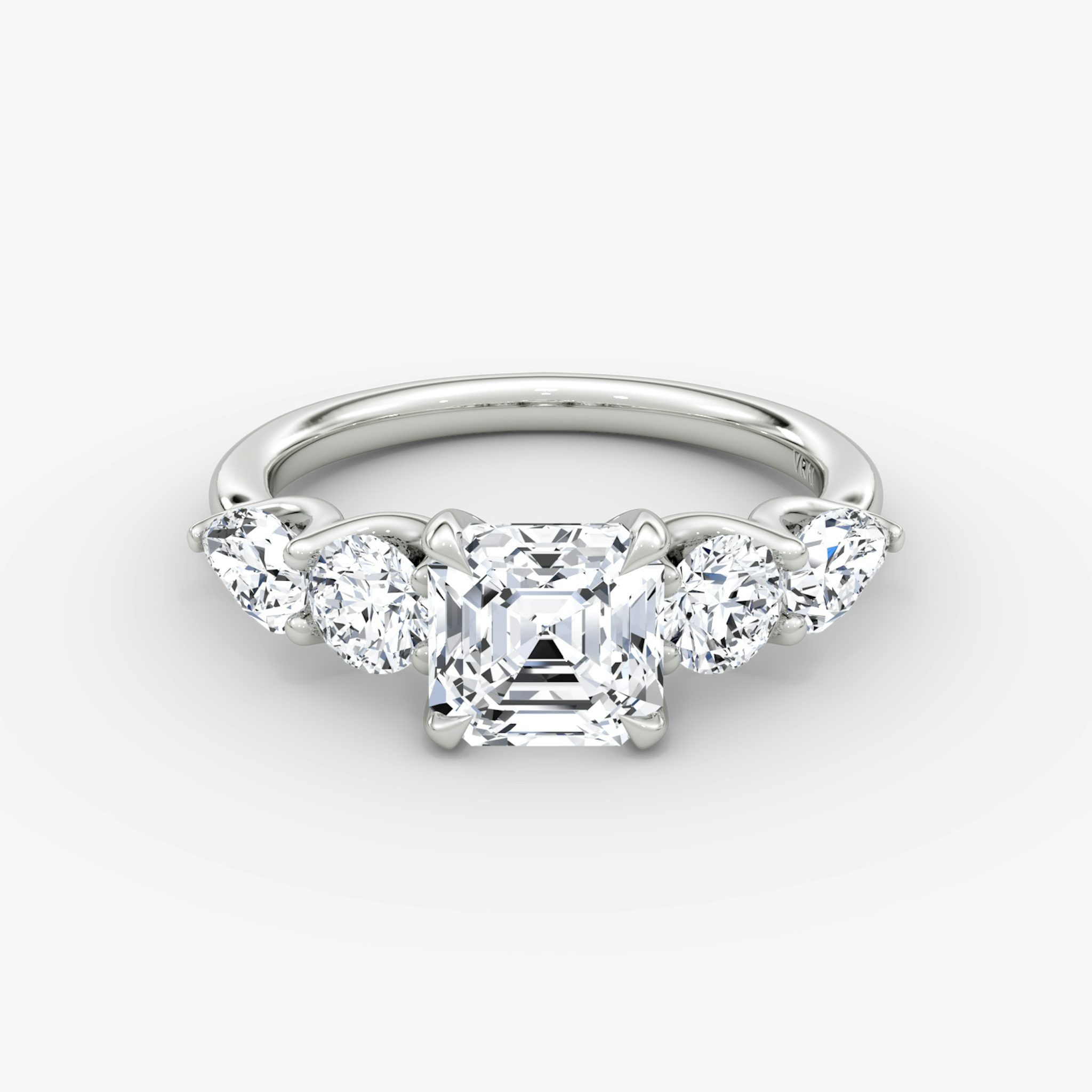 The Mixed Shape | Asscher | 18k | White Gold | bandAccent: Plain | sideStoneOrientation: horizontal | sideStoneShape: Round Brilliant and Pear | diamondOrientation: vertical | caratWeight: other