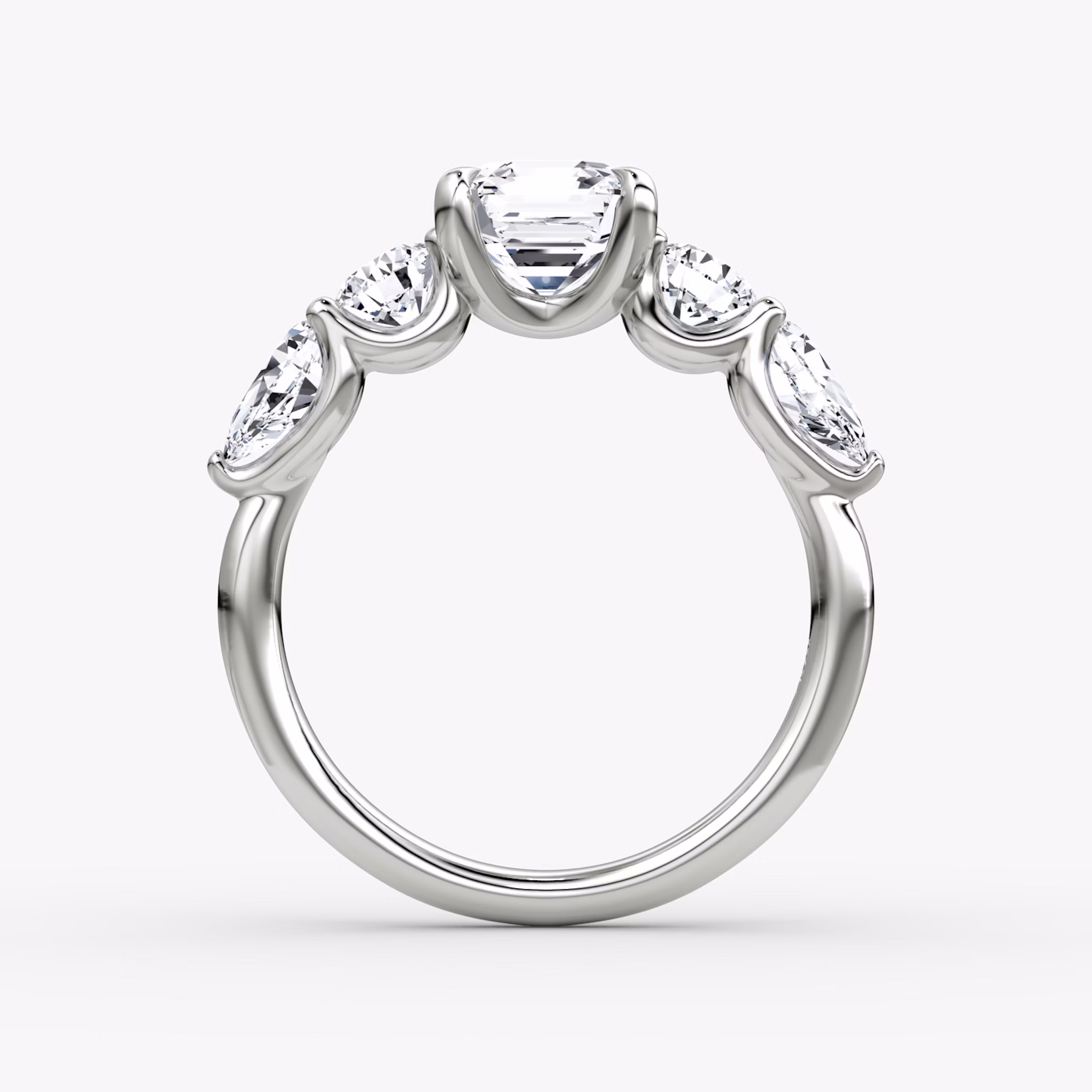 The Mixed Shape | Asscher | 18k | White Gold | bandAccent: Plain | sideStoneOrientation: horizontal | sideStoneShape: Round Brilliant and Pear | diamondOrientation: vertical | caratWeight: other