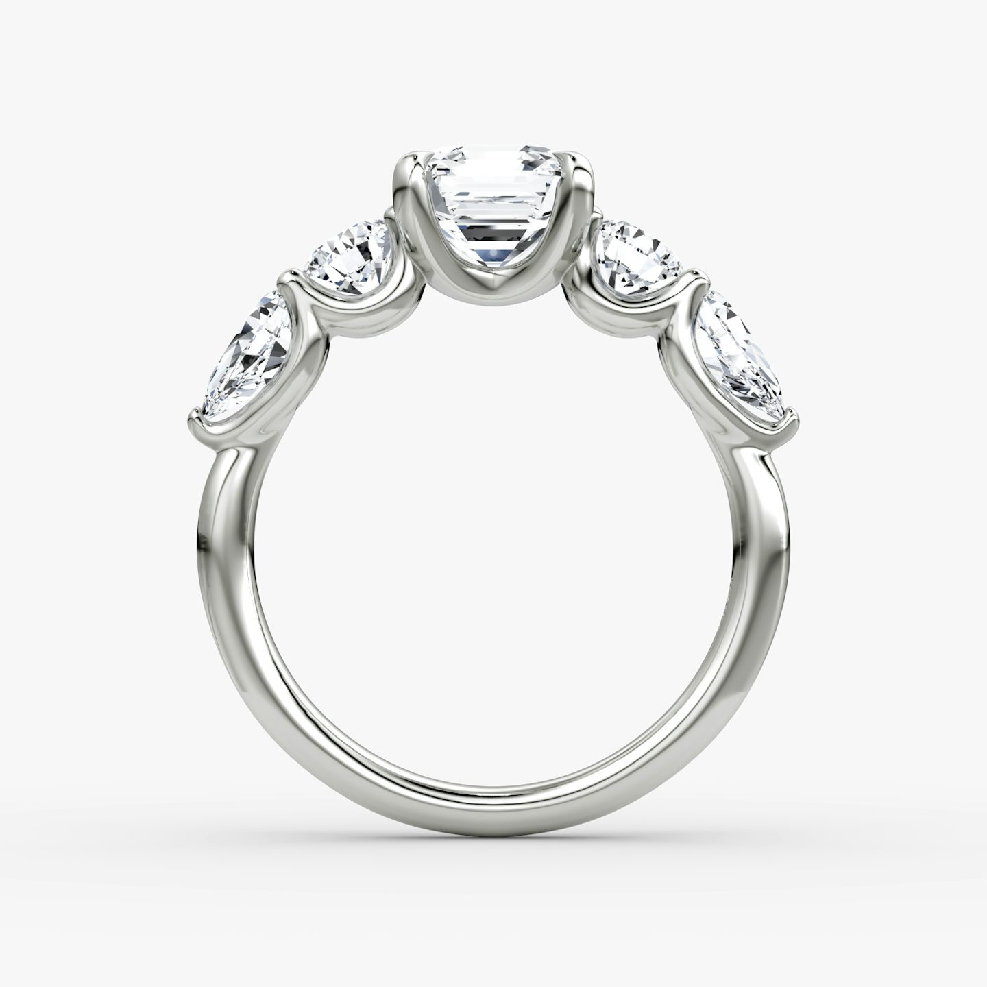 The Mixed Shape | Asscher | Platinum | bandAccent: Plain | sideStoneOrientation: horizontal | sideStoneShape: Round Brilliant and Pear | diamondOrientation: vertical | caratWeight: other
