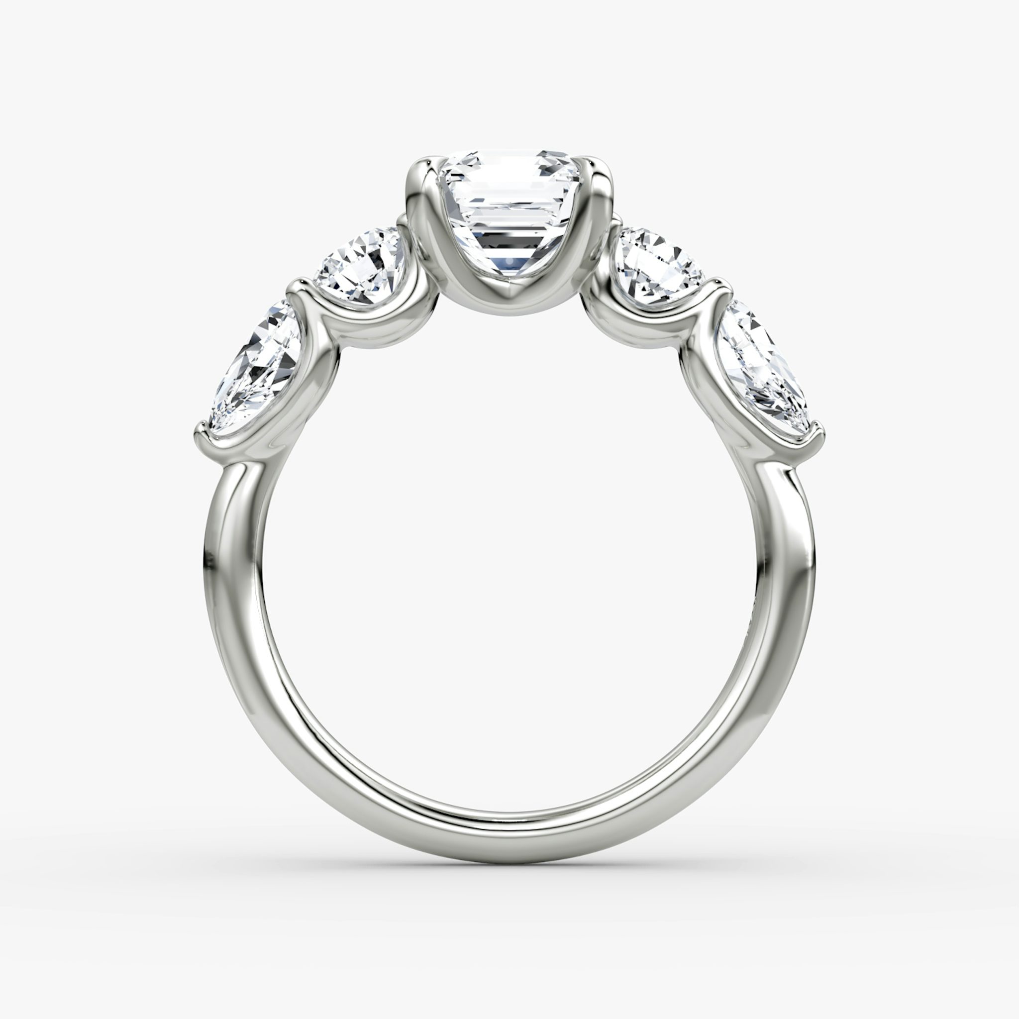 The Mixed Shape | Asscher | 18k | White Gold | bandAccent: Plain | sideStoneOrientation: horizontal | sideStoneShape: Round Brilliant and Pear | diamondOrientation: vertical | caratWeight: other