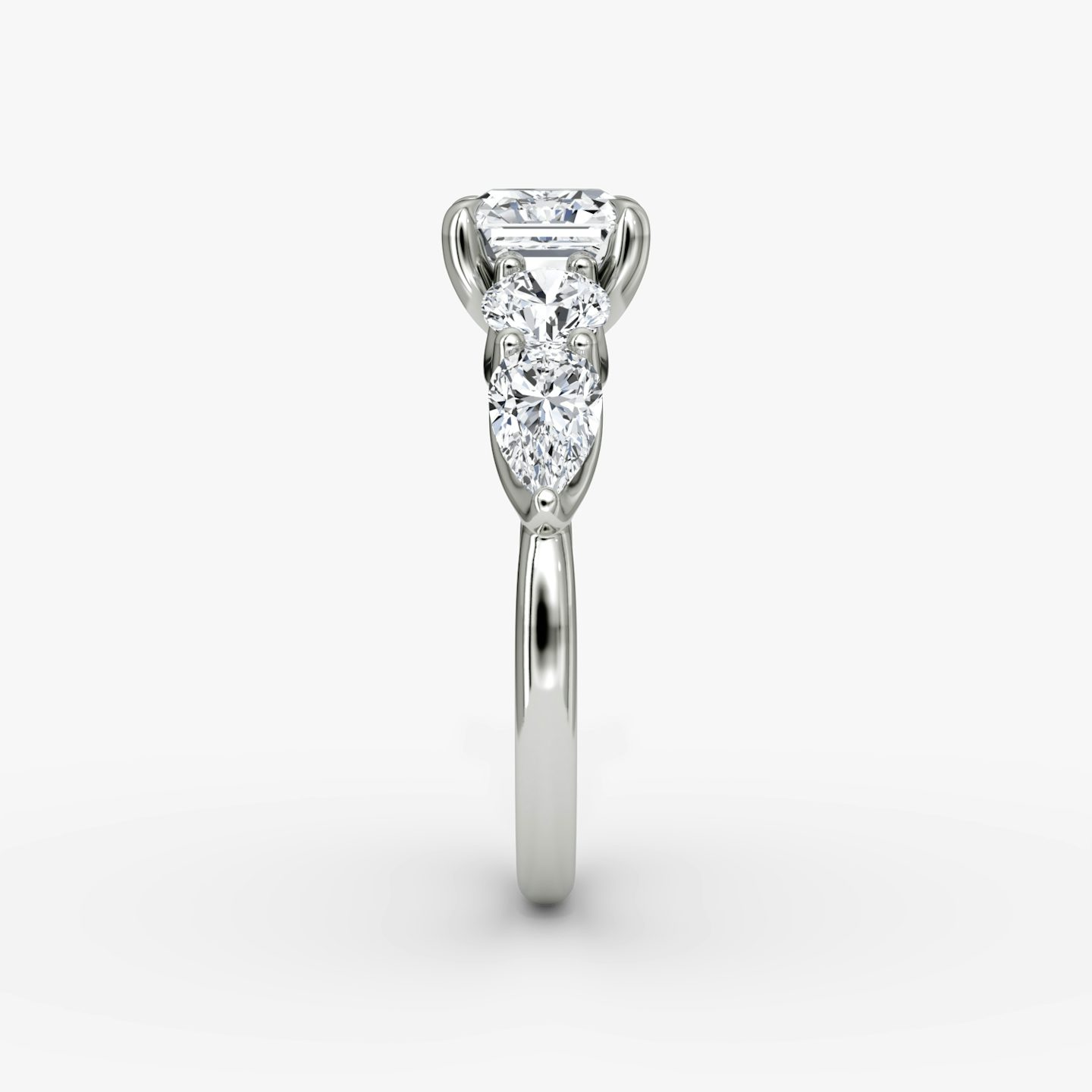The Mixed Shape | Asscher | Platinum | bandAccent: Plain | sideStoneOrientation: horizontal | sideStoneShape: Round Brilliant and Pear | diamondOrientation: vertical | caratWeight: other