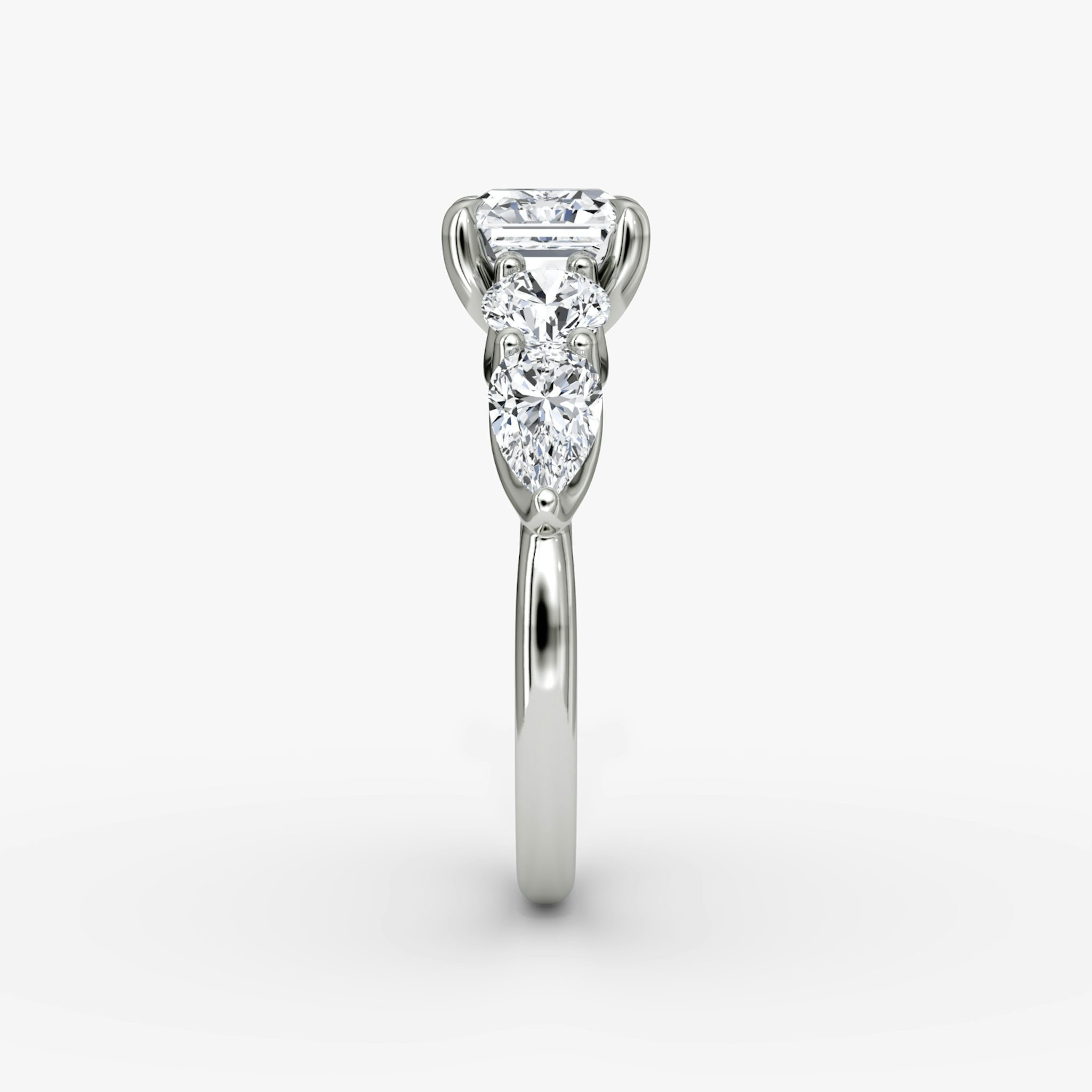 The Mixed Shape | Asscher | 18k | White Gold | bandAccent: Plain | sideStoneOrientation: horizontal | sideStoneShape: Round Brilliant and Pear | diamondOrientation: vertical | caratWeight: other