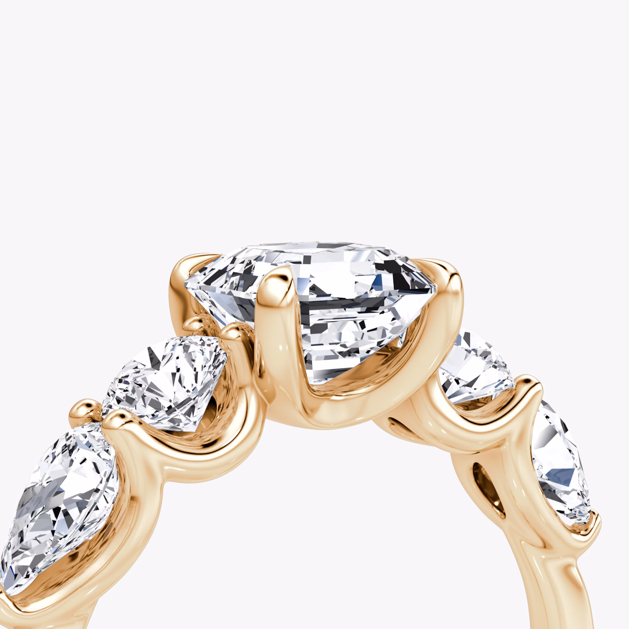 The Mixed Shape | Asscher | 14k | Rose Gold | bandAccent: Plain | sideStoneOrientation: horizontal | sideStoneShape: Round Brilliant and Pear | diamondOrientation: vertical | caratWeight: other