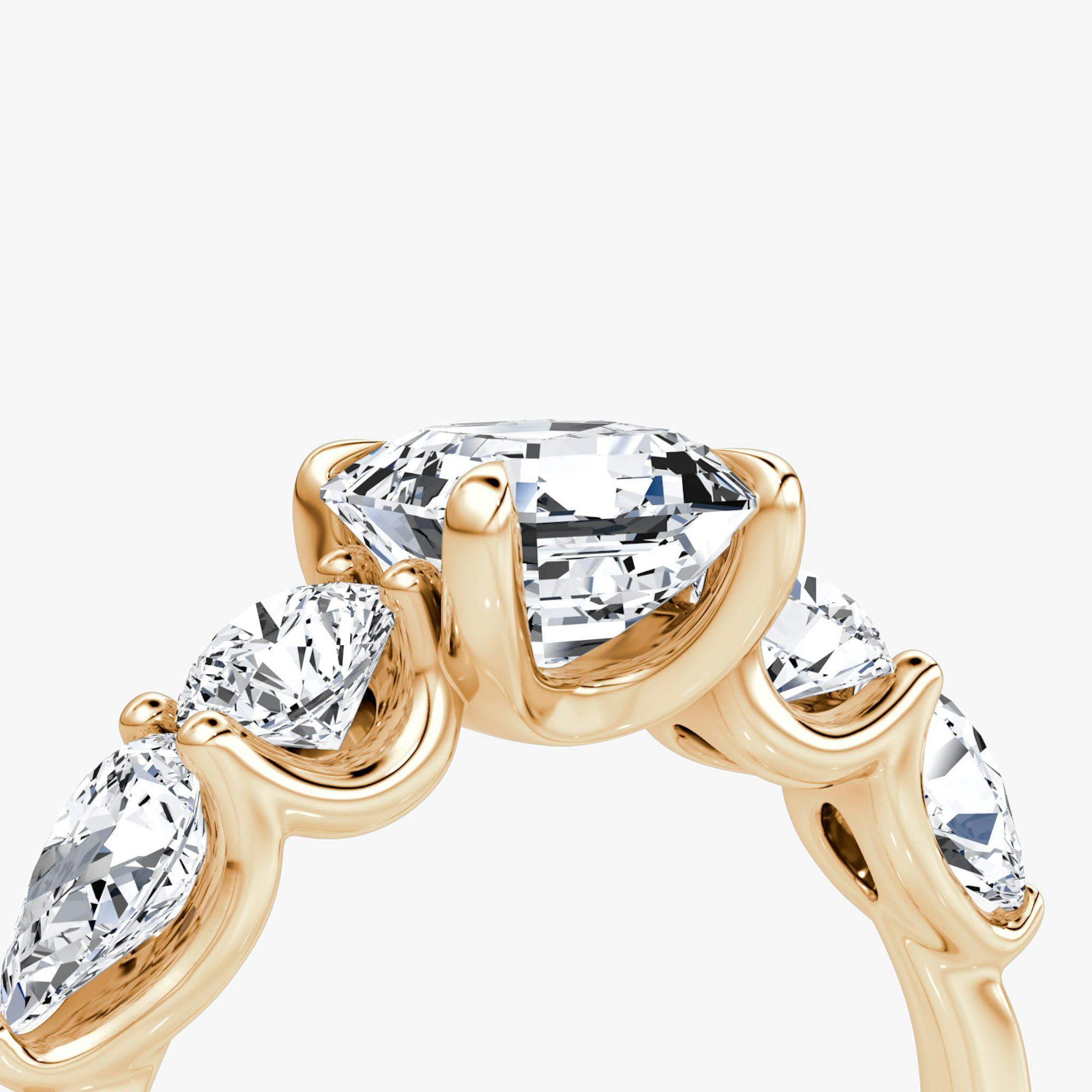 The Mixed Shape | Asscher | 14k | Rose Gold | bandAccent: Plain | sideStoneOrientation: horizontal | sideStoneShape: Round Brilliant and Pear | diamondOrientation: vertical | caratWeight: other