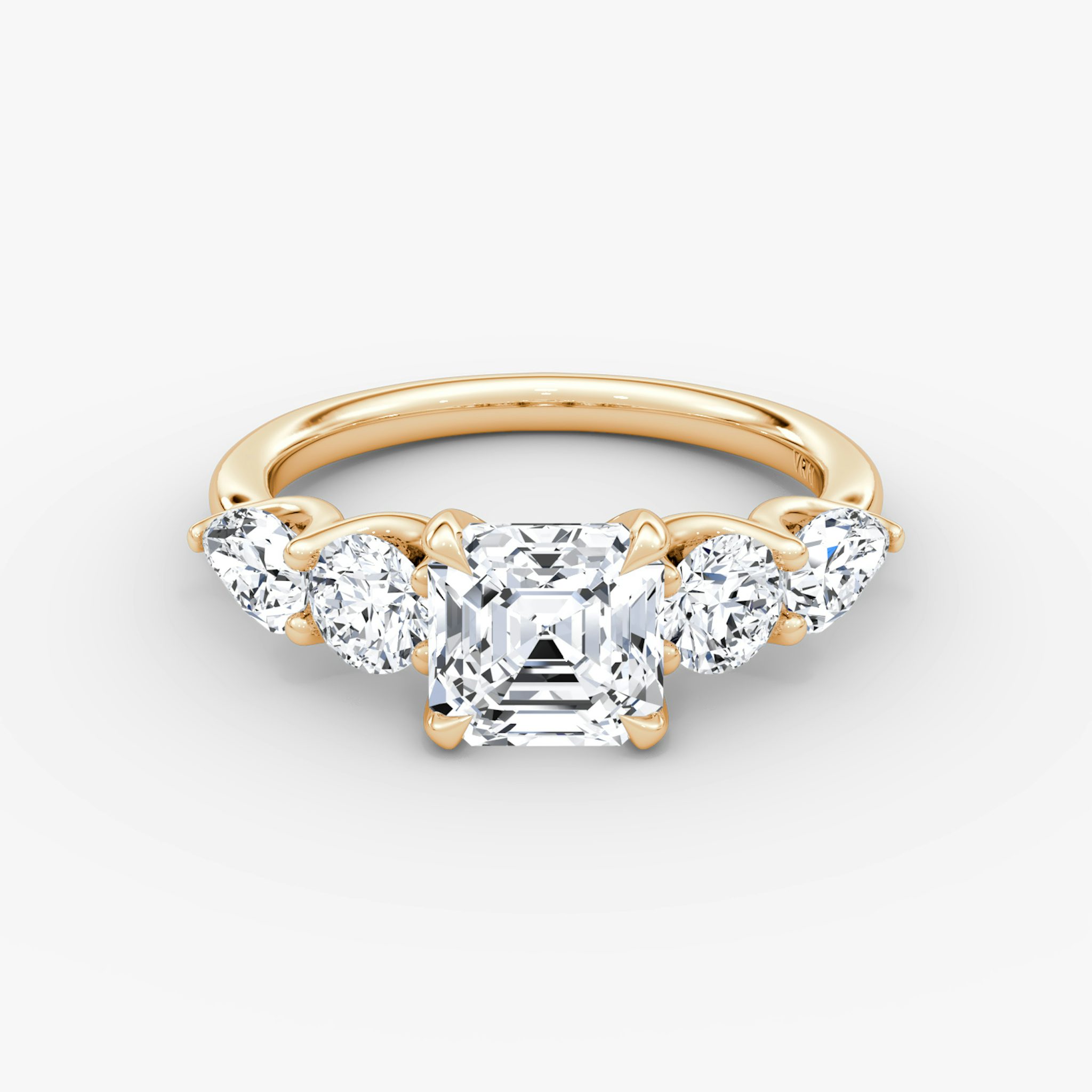 The Mixed Shape | Asscher | 14k | Rose Gold | bandAccent: Plain | sideStoneOrientation: horizontal | sideStoneShape: Round Brilliant and Pear | diamondOrientation: vertical | caratWeight: other