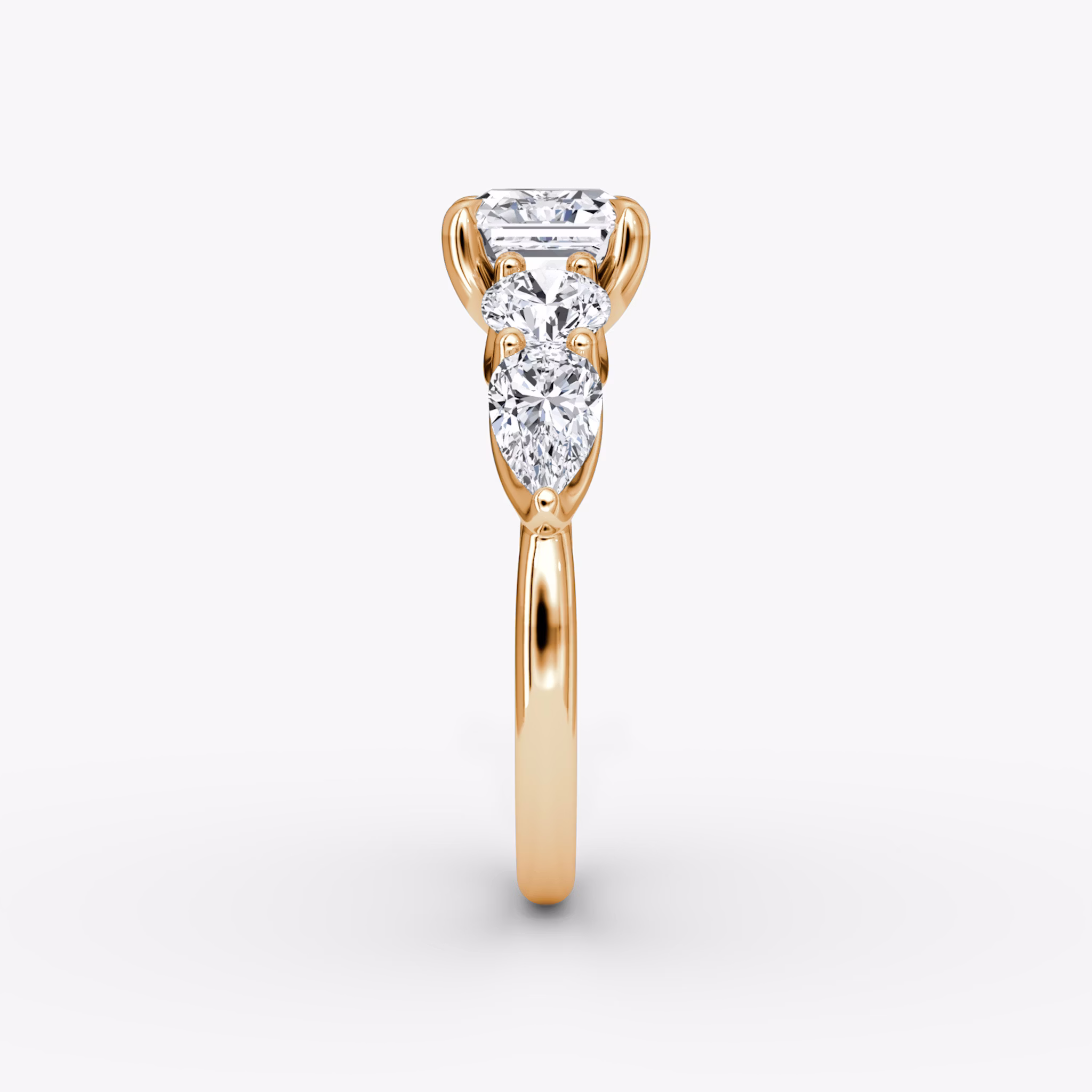 The Mixed Shape | Asscher | 14k | Rose Gold | bandAccent: Plain | sideStoneOrientation: horizontal | sideStoneShape: Round Brilliant and Pear | diamondOrientation: vertical | caratWeight: other