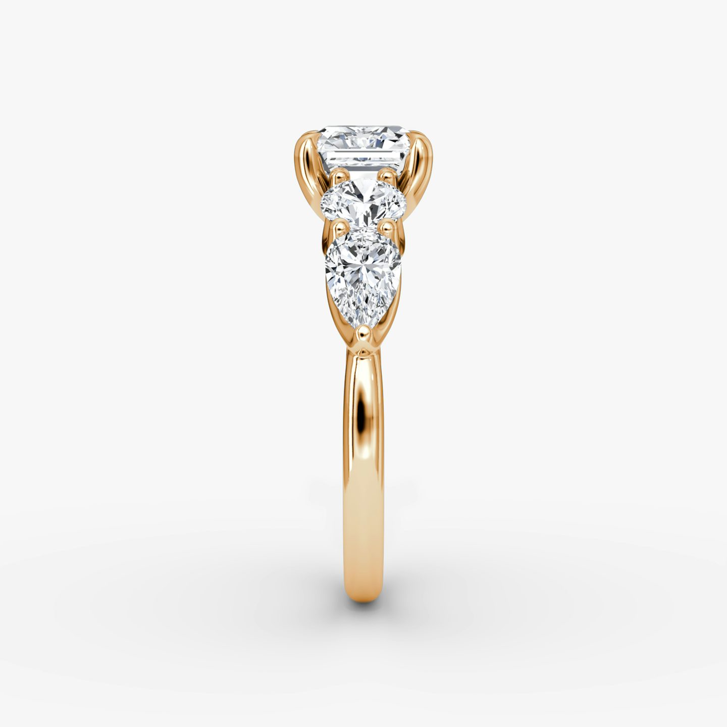 The Mixed Shape | Asscher | 14k | Rose Gold | bandAccent: Plain | sideStoneOrientation: horizontal | sideStoneShape: Round Brilliant and Pear | diamondOrientation: vertical | caratWeight: other