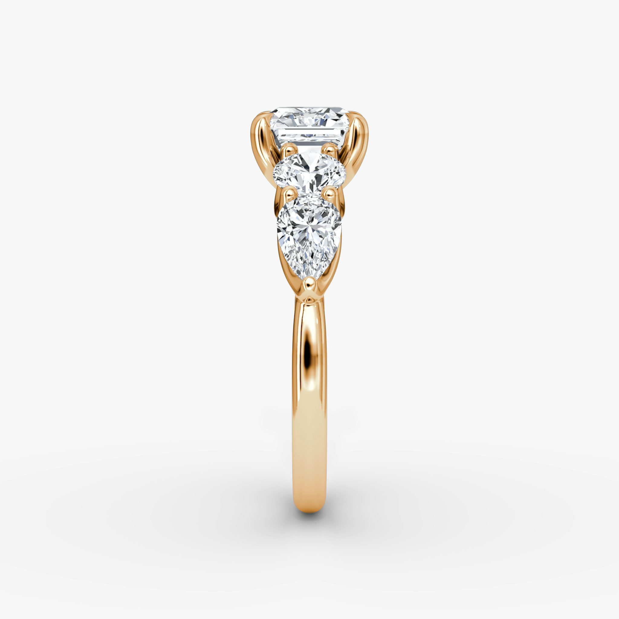 The Mixed Shape | Asscher | 14k | Rose Gold | bandAccent: Plain | sideStoneOrientation: horizontal | sideStoneShape: Round Brilliant and Pear | diamondOrientation: vertical | caratWeight: other
