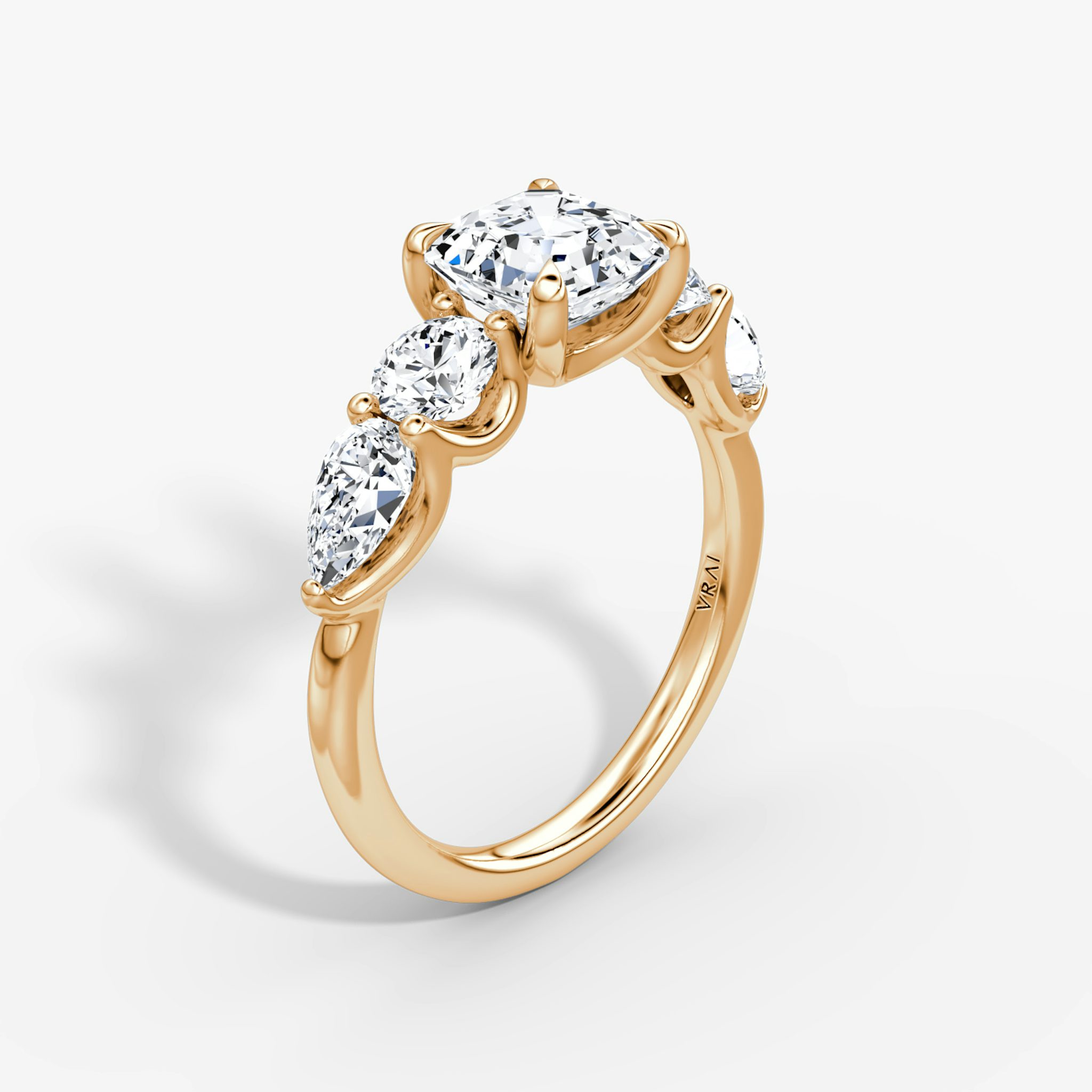 The Mixed Shape | Asscher | 14k | Rose Gold | bandAccent: Plain | sideStoneOrientation: horizontal | sideStoneShape: Round Brilliant and Pear | diamondOrientation: vertical | caratWeight: other