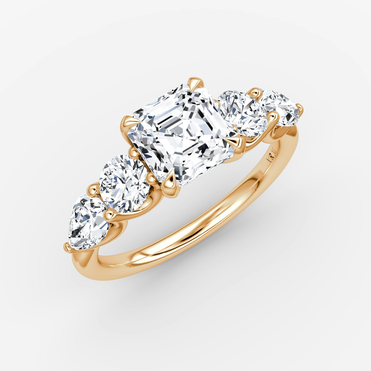 The Mixed Shape | Asscher | 14k | Rose Gold | bandAccent: Plain | sideStoneOrientation: horizontal | sideStoneShape: Round Brilliant and Pear | diamondOrientation: vertical | caratWeight: other