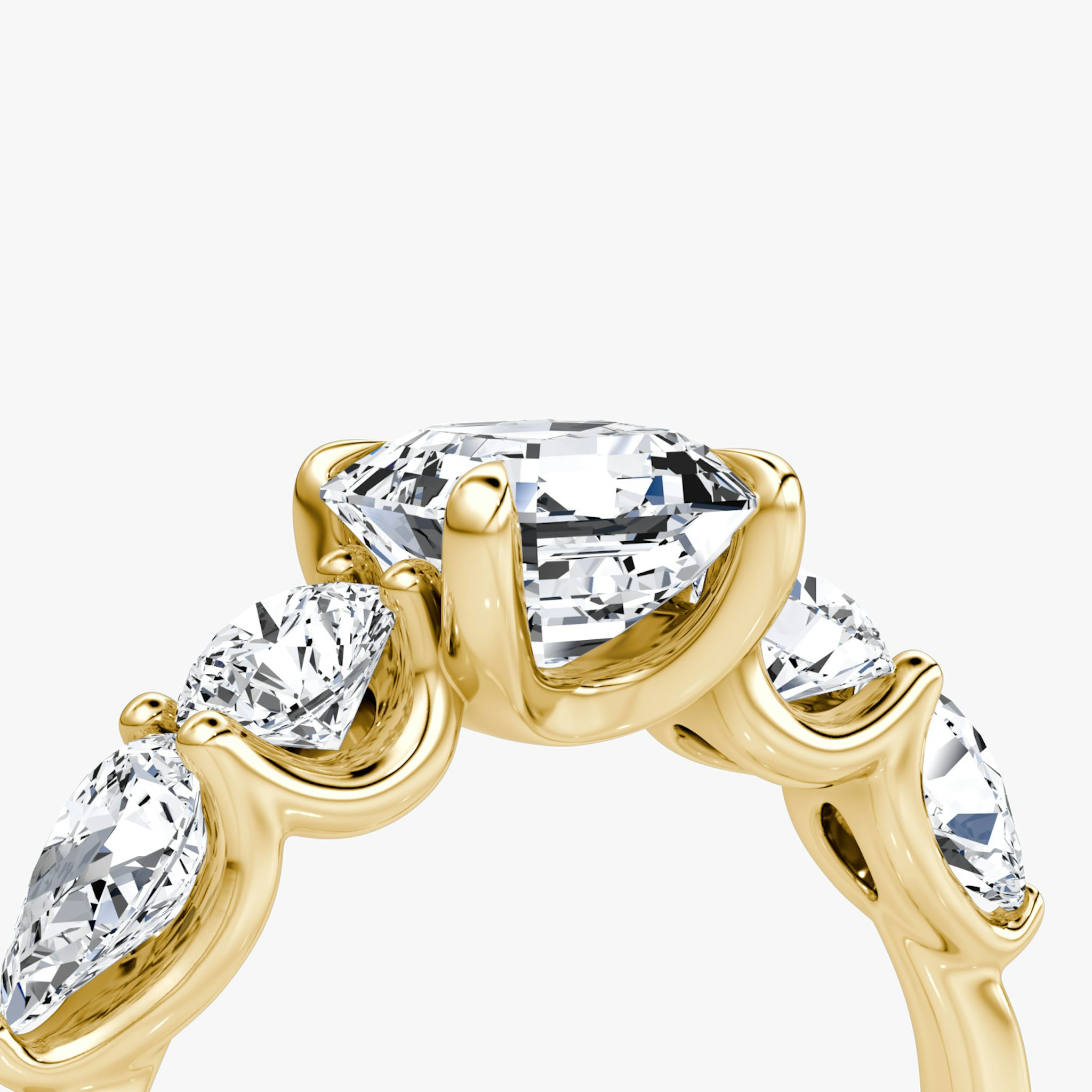 The Mixed Shape | Asscher | 18k | Yellow Gold | bandAccent: Plain | sideStoneOrientation: horizontal | sideStoneShape: Round Brilliant and Pear | diamondOrientation: vertical | caratWeight: other
