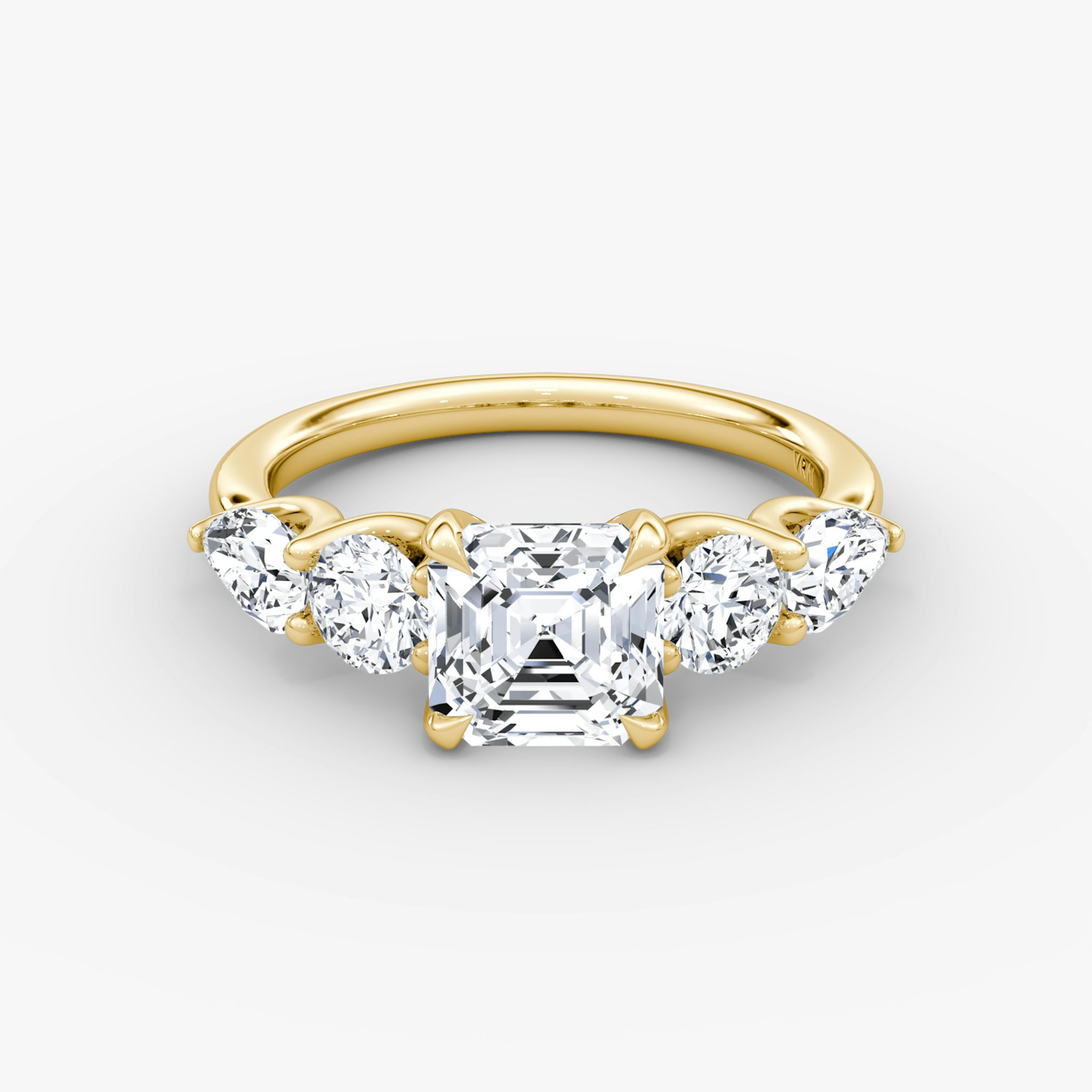 The Mixed Shape | Asscher | 18k | Yellow Gold | bandAccent: Plain | sideStoneOrientation: horizontal | sideStoneShape: Round Brilliant and Pear | diamondOrientation: vertical | caratWeight: other