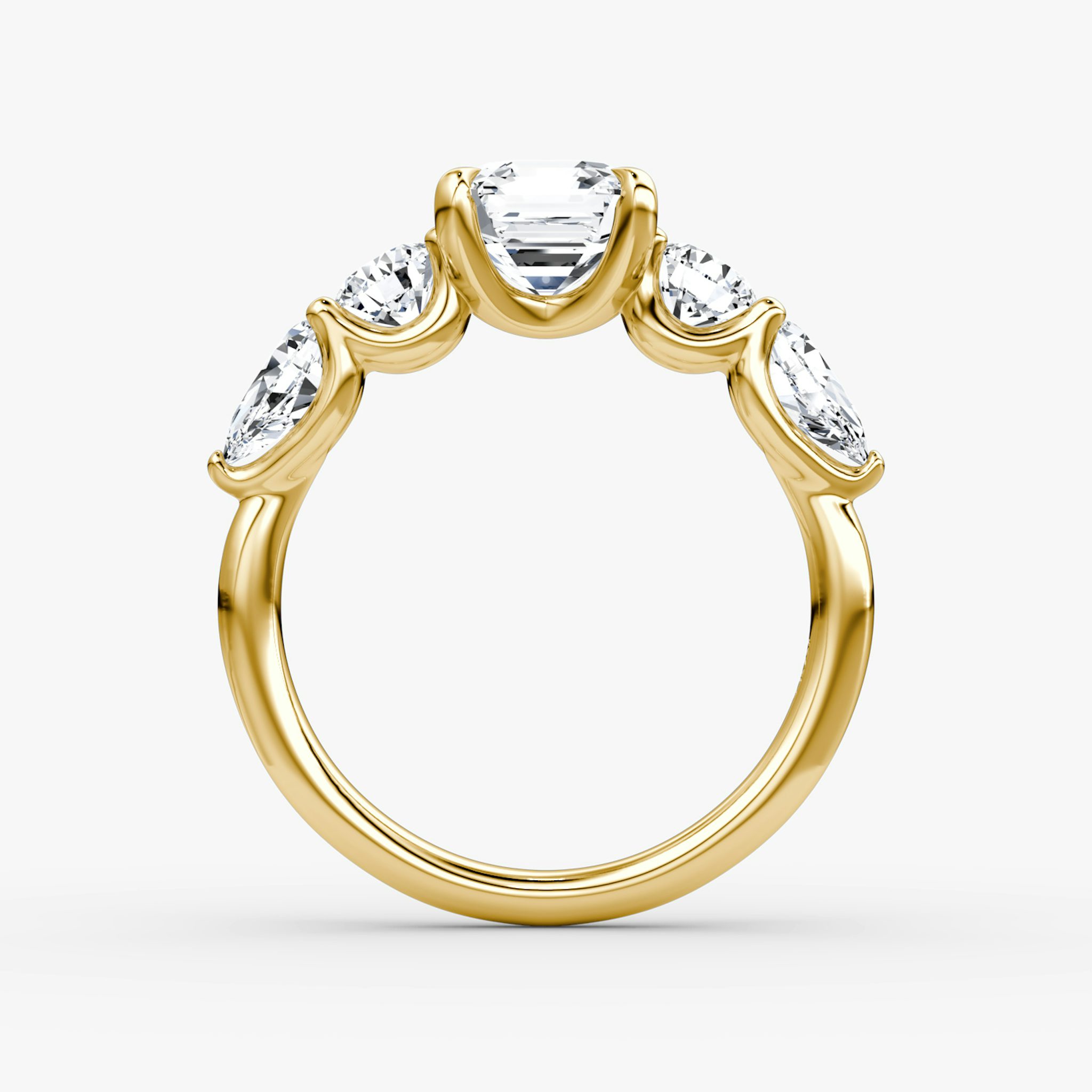 The Mixed Shape | Asscher | 18k | Yellow Gold | bandAccent: Plain | sideStoneOrientation: horizontal | sideStoneShape: Round Brilliant and Pear | diamondOrientation: vertical | caratWeight: other