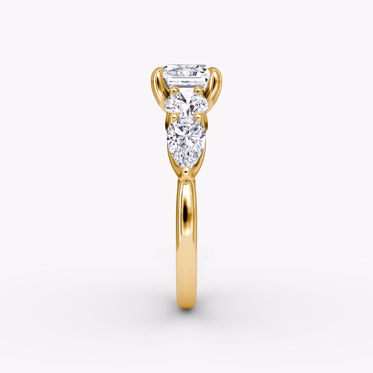 The Mixed Shape | Asscher | 18k | Yellow Gold | bandAccent: Plain | sideStoneOrientation: horizontal | sideStoneShape: Round Brilliant and Pear | diamondOrientation: vertical | caratWeight: other