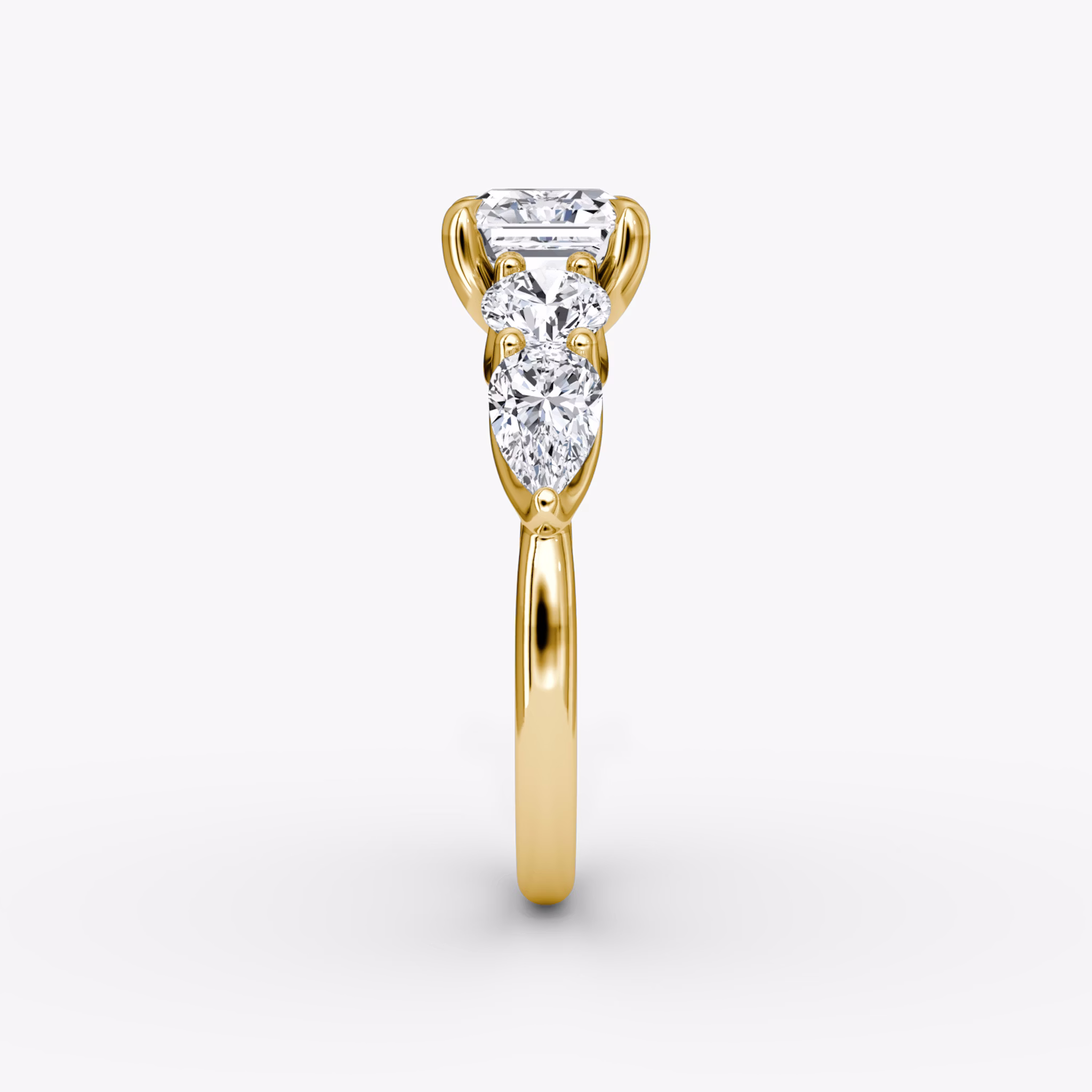 The Mixed Shape | Asscher | 18k | Yellow Gold | bandAccent: Plain | sideStoneOrientation: horizontal | sideStoneShape: Round Brilliant and Pear | diamondOrientation: vertical | caratWeight: other