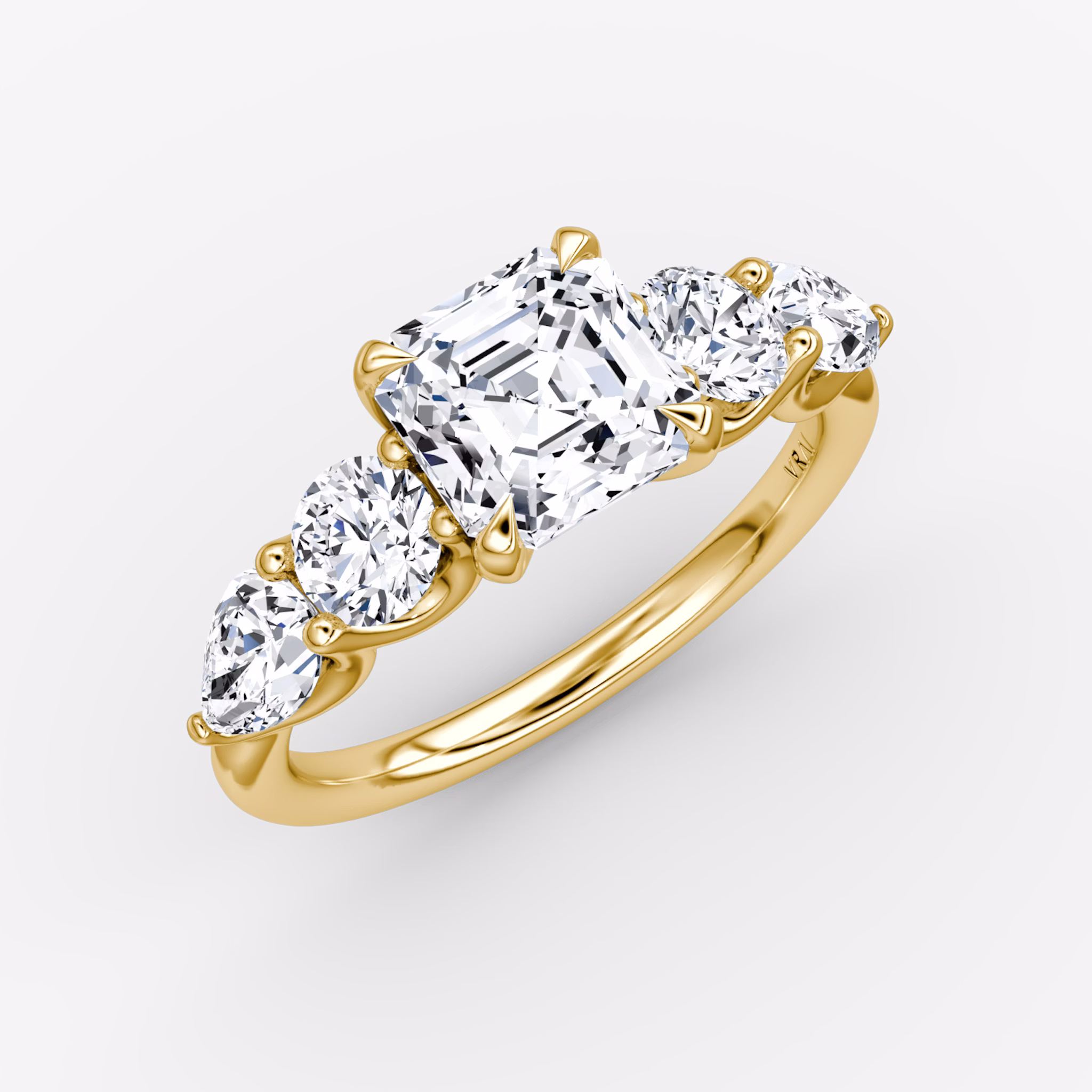 The Mixed Shape | Asscher | 18k | Yellow Gold | bandAccent: Plain | sideStoneOrientation: horizontal | sideStoneShape: Round Brilliant and Pear | diamondOrientation: vertical | caratWeight: other