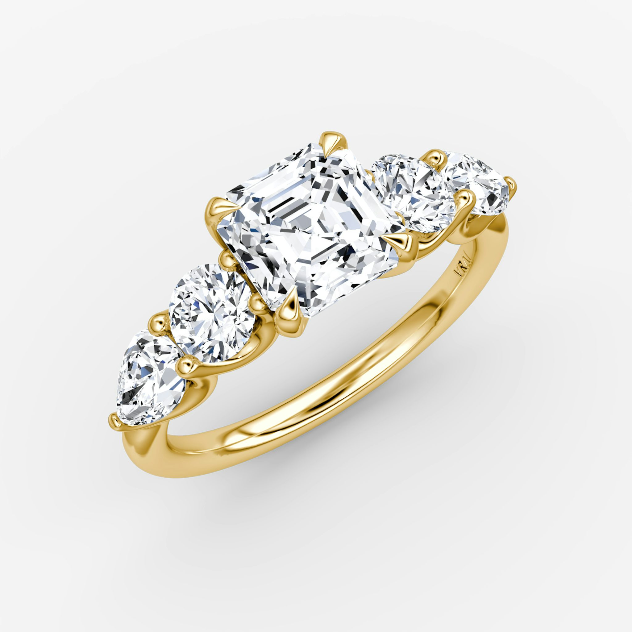 The Mixed Shape | Asscher | 18k | Yellow Gold | bandAccent: Plain | sideStoneOrientation: horizontal | sideStoneShape: Round Brilliant and Pear | diamondOrientation: vertical | caratWeight: other