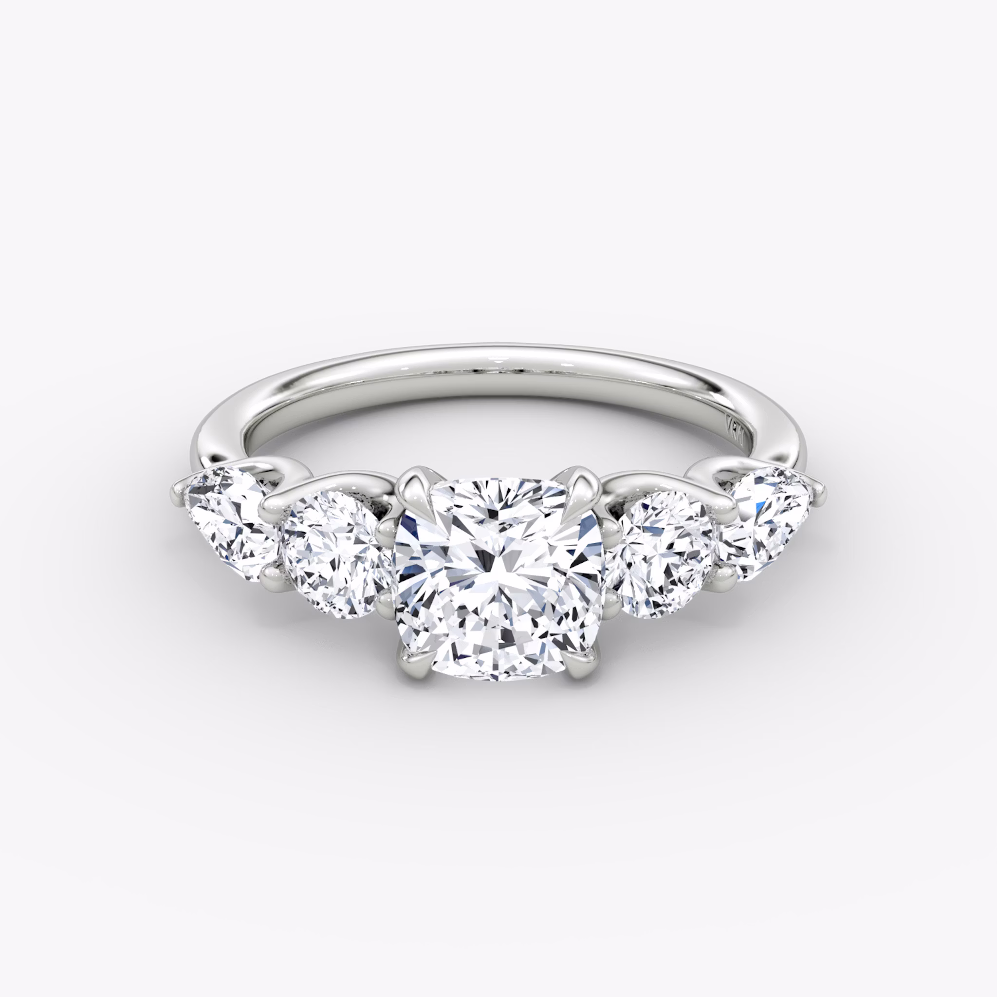The Mixed Shape | Cushion | 18k | White Gold | bandAccent: Plain | sideStoneOrientation: horizontal | sideStoneShape: Round Brilliant and Pear | diamondOrientation: vertical | caratWeight: other