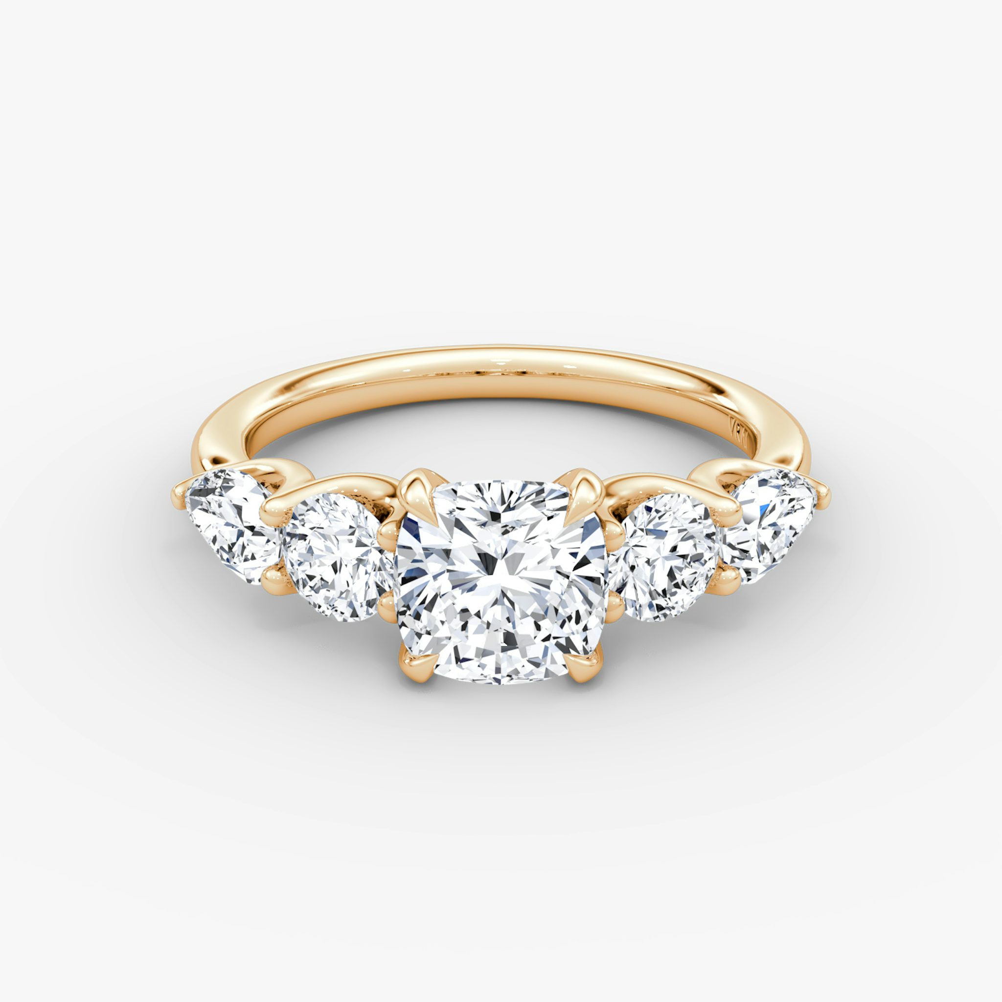 The Mixed Shape | Cushion | 14k | Rose Gold | bandAccent: Plain | sideStoneOrientation: horizontal | sideStoneShape: Round Brilliant and Pear | diamondOrientation: vertical | caratWeight: other