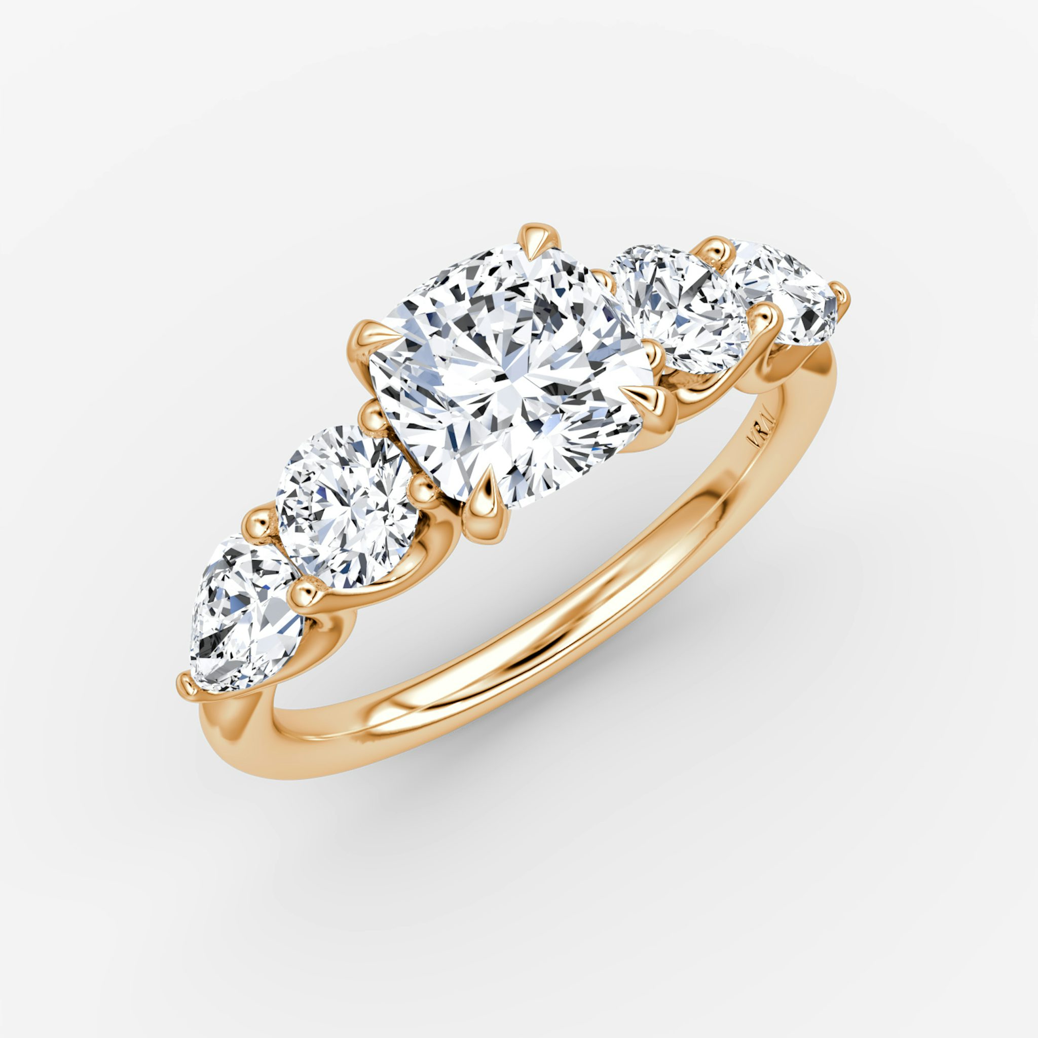 The Mixed Shape | Cushion | 14k | Rose Gold | bandAccent: Plain | sideStoneOrientation: horizontal | sideStoneShape: Round Brilliant and Pear | diamondOrientation: vertical | caratWeight: other